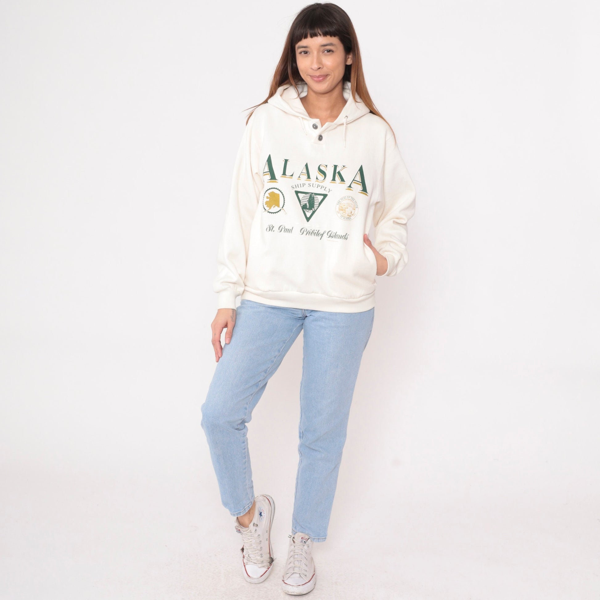 90s St. Paul Island Alaska Hooded Sweatshirt Cream Graphic Medium