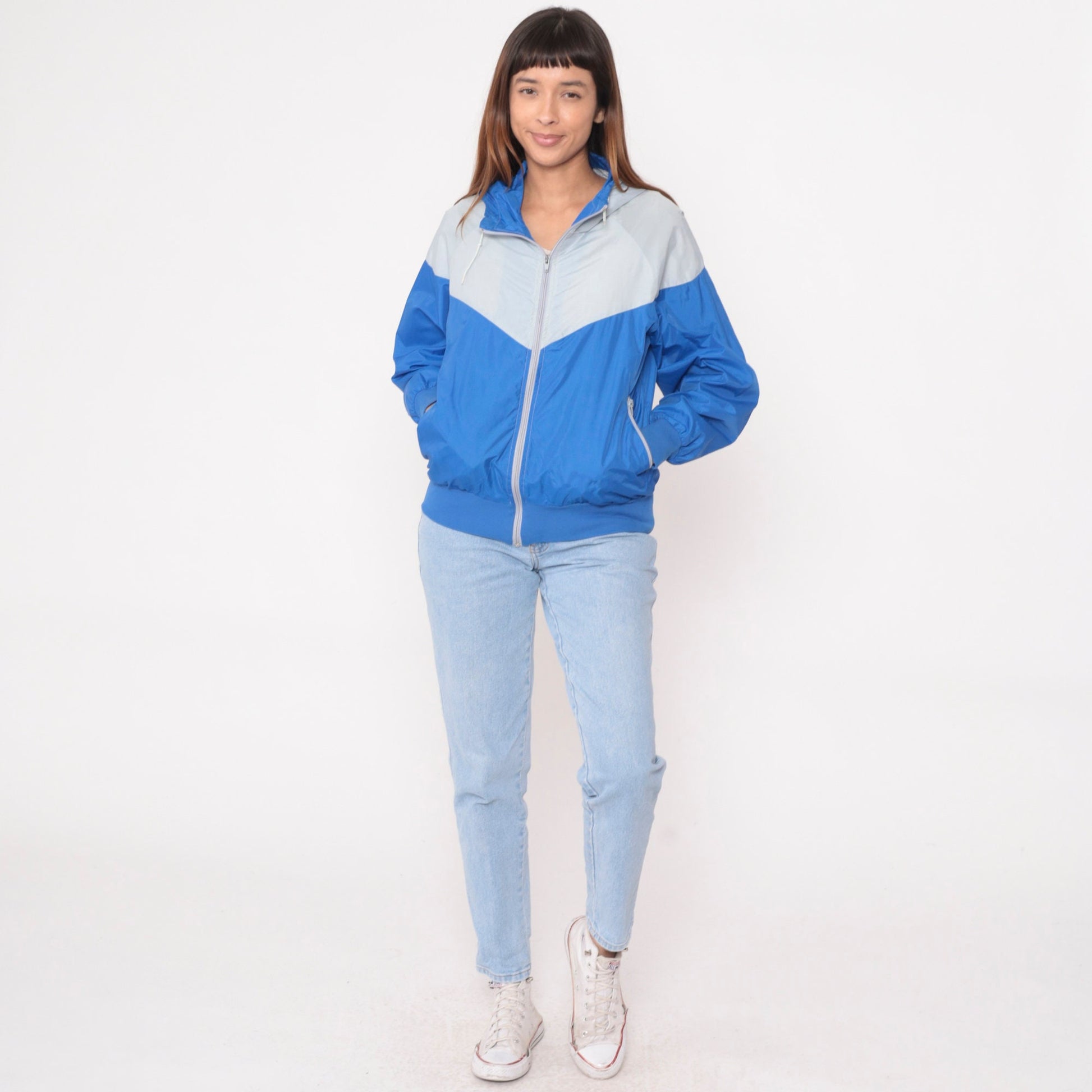80s Nike Colour Block Hooded Windbreaker Grey Blue Raglan Medium Large