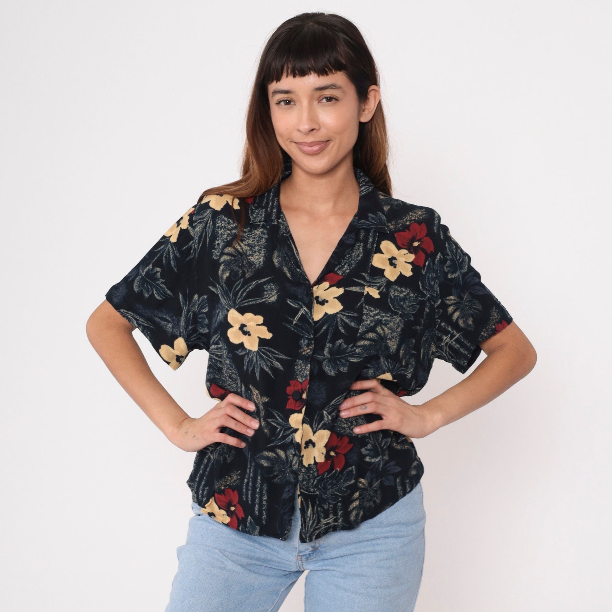 90s Sag Harbor Floral Blouse Black Rayon Button Up Short Sleeve Medium