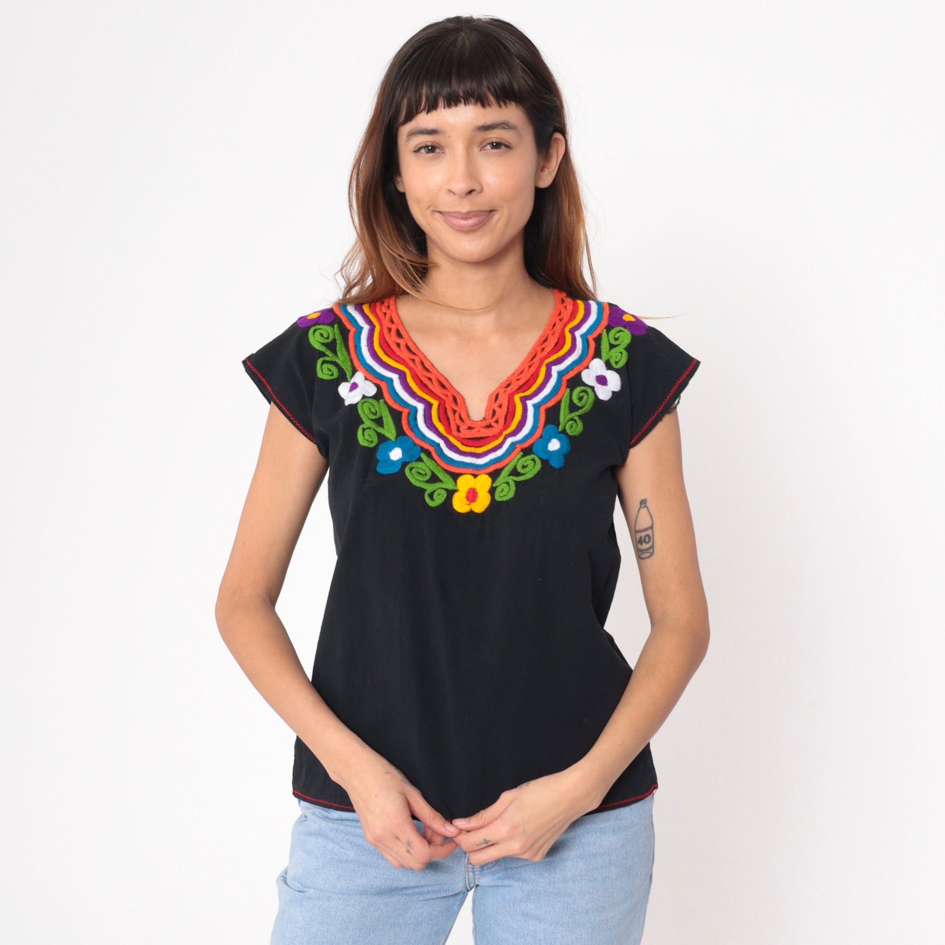 90s Mexican Floral Embroidered Blouse Black Cotton Short Sleeve Medium
