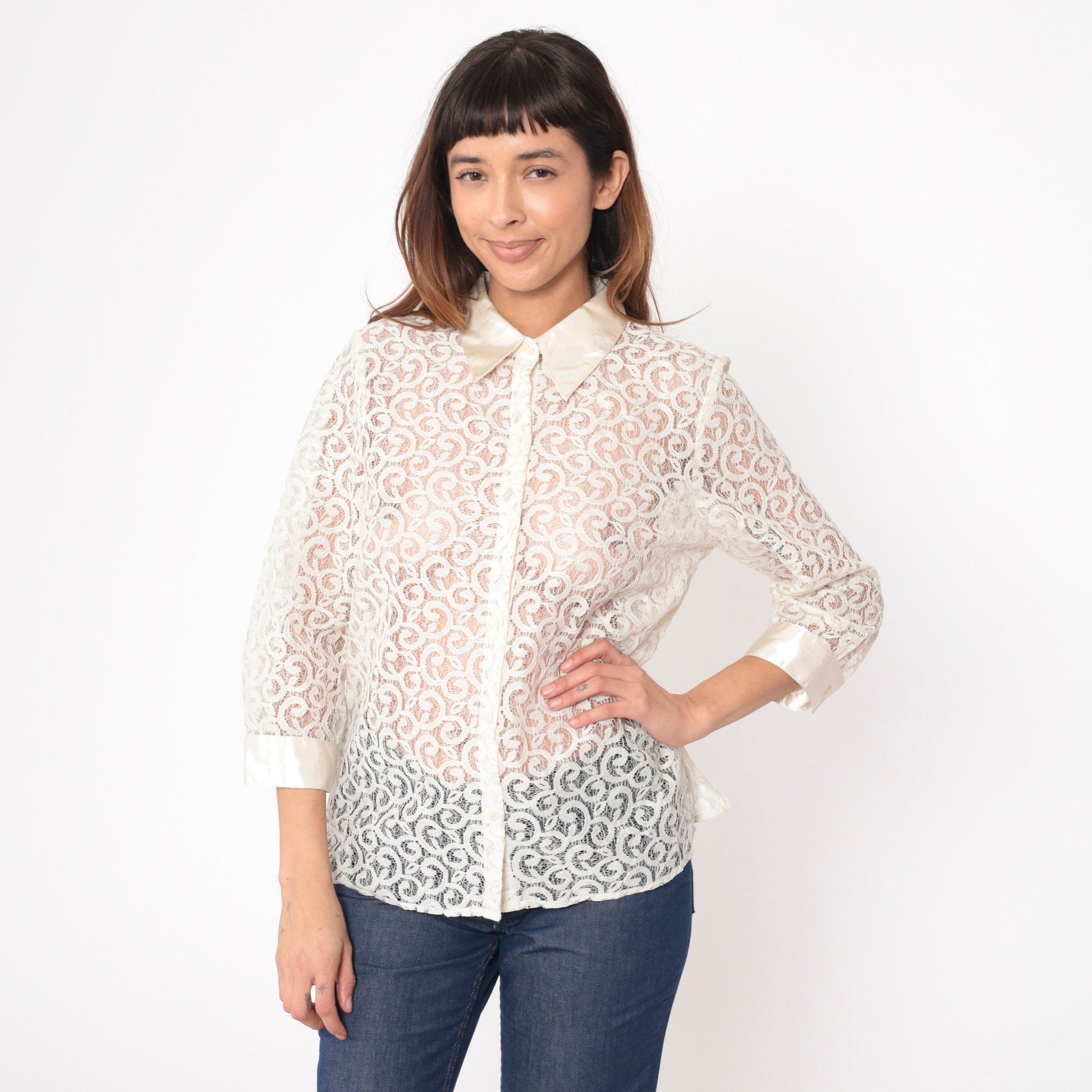 90s Alfred Dunner White Lace Blouse 3/4 Sleeve Button Up Medium Petite