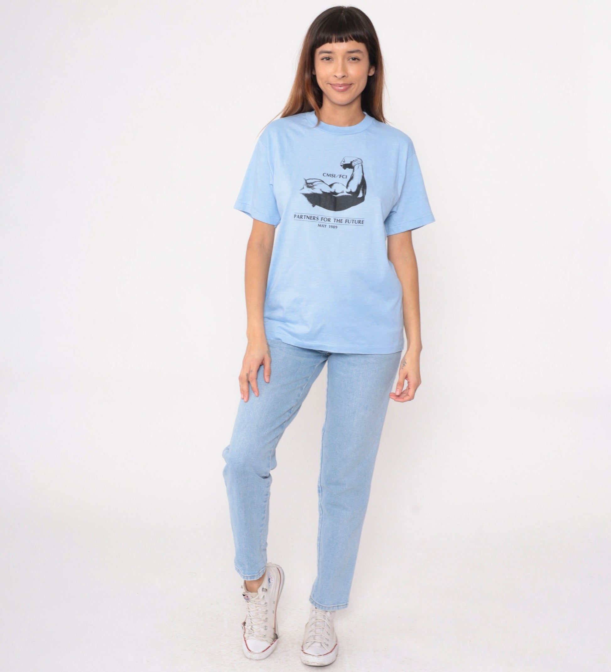 80s Muscular Arm Graphic T-Shirt CMSI FCI Partners Baby Blue Medium