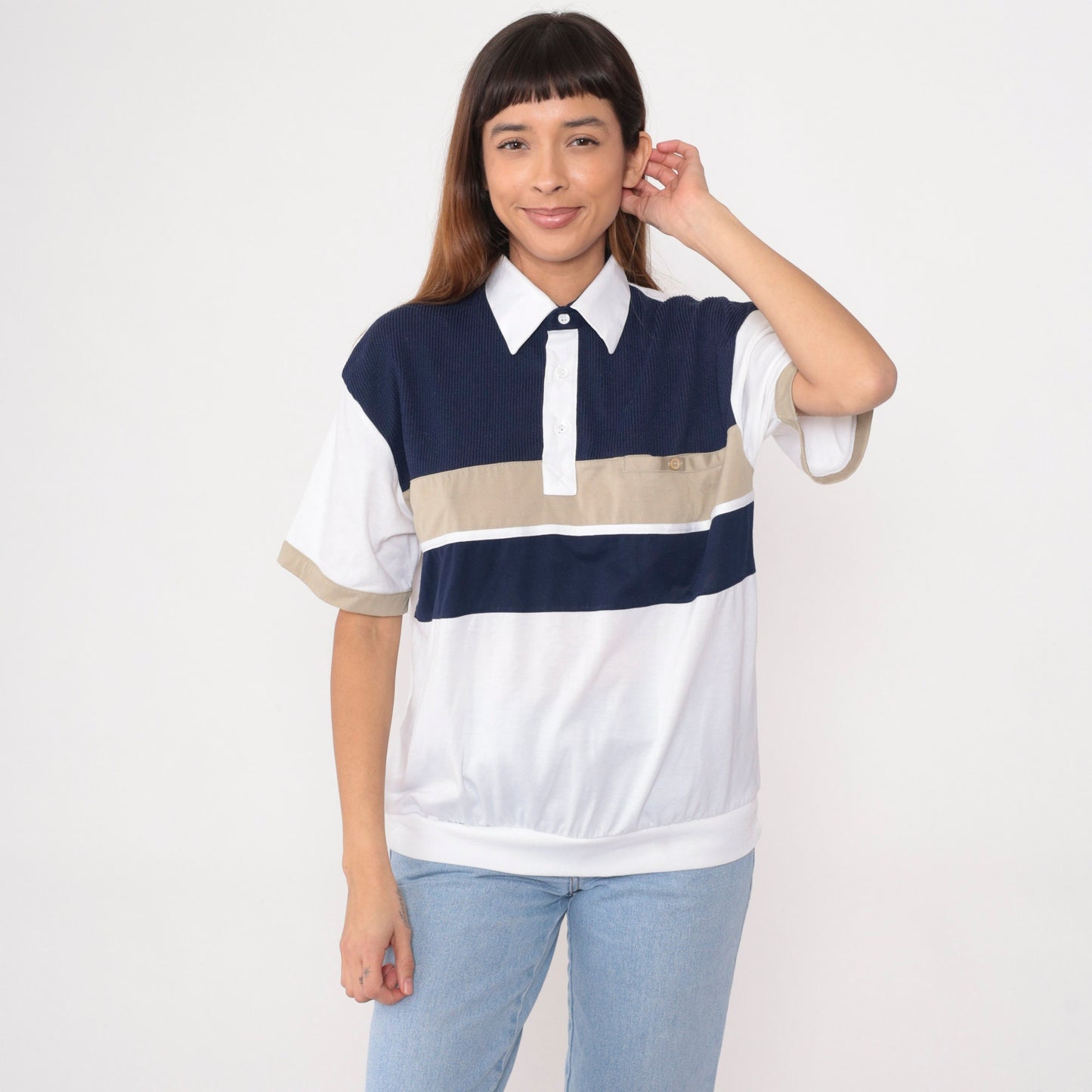 90s Striped Polo Shirt White Navy Blue Tan Collared Short Sleeve Medium
