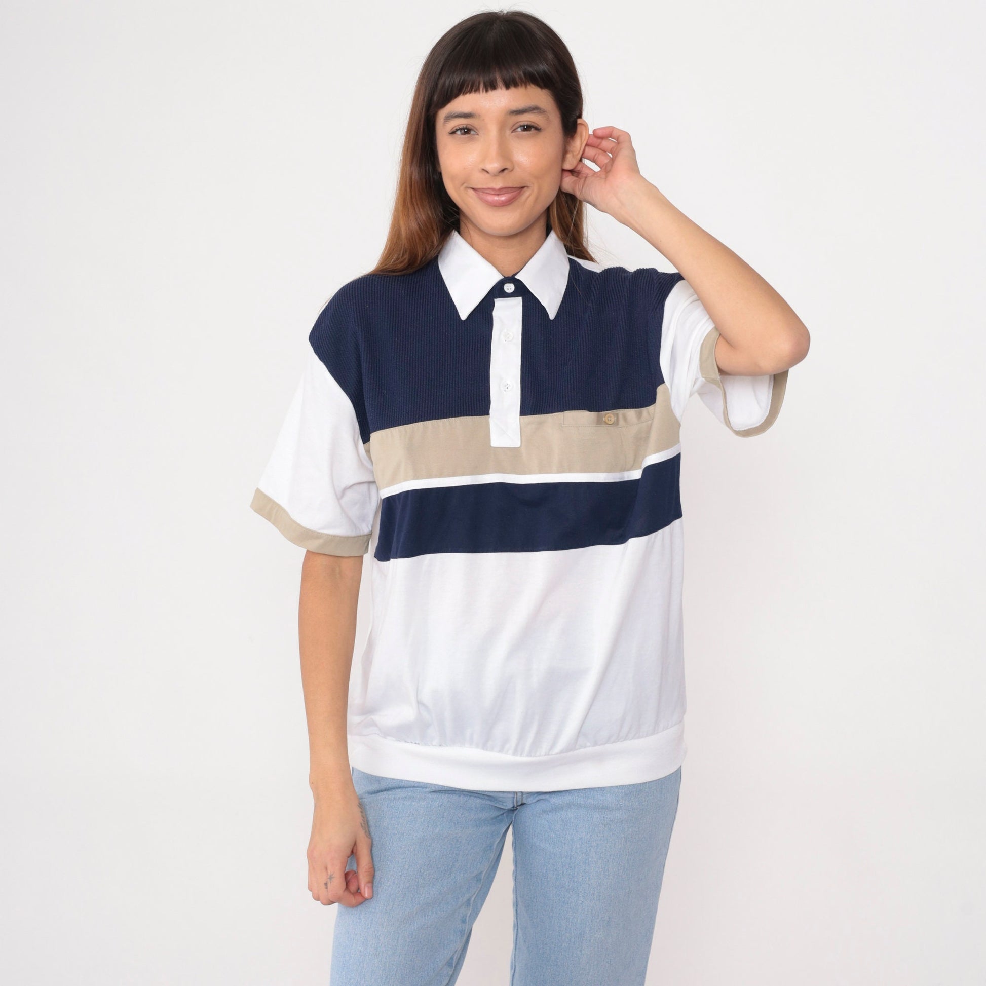 90s Striped Polo Shirt White Navy Blue Tan Collared Short Sleeve Medium
