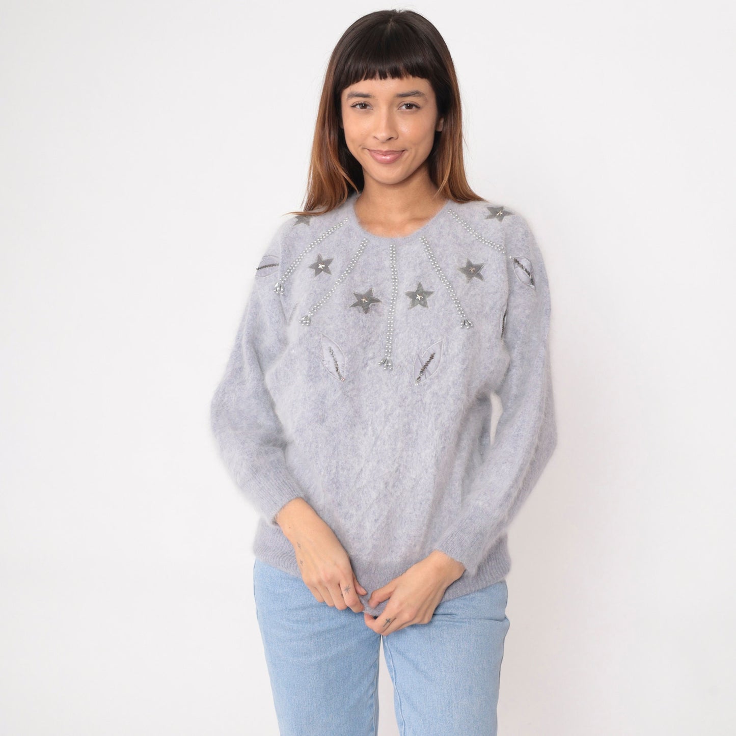 80s Beaded Star Periwinkle Mohair Blend Dolman Sweater Medium M