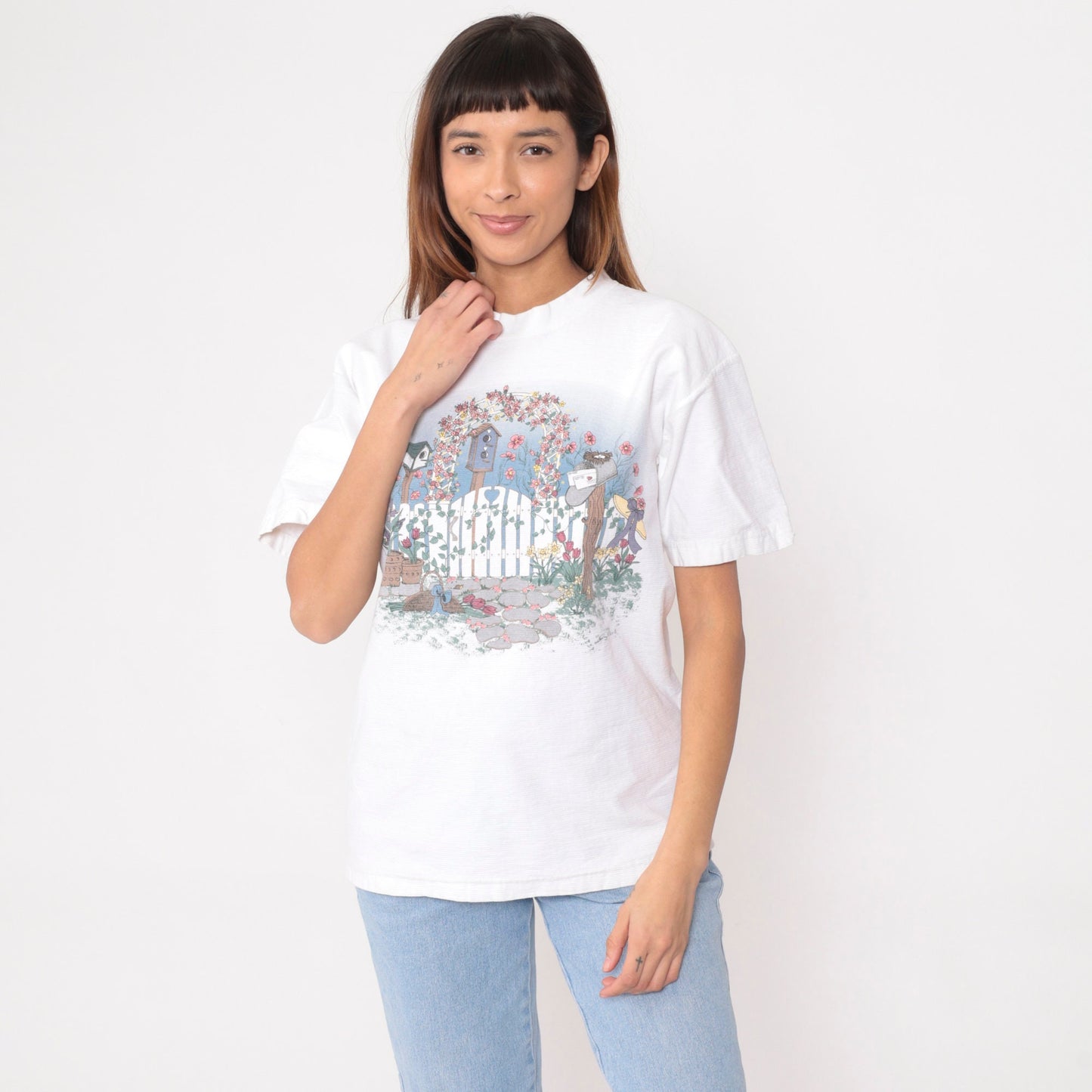 90s Garden Birdhouse Graphic T-Shirt White Cotton Tee Medium