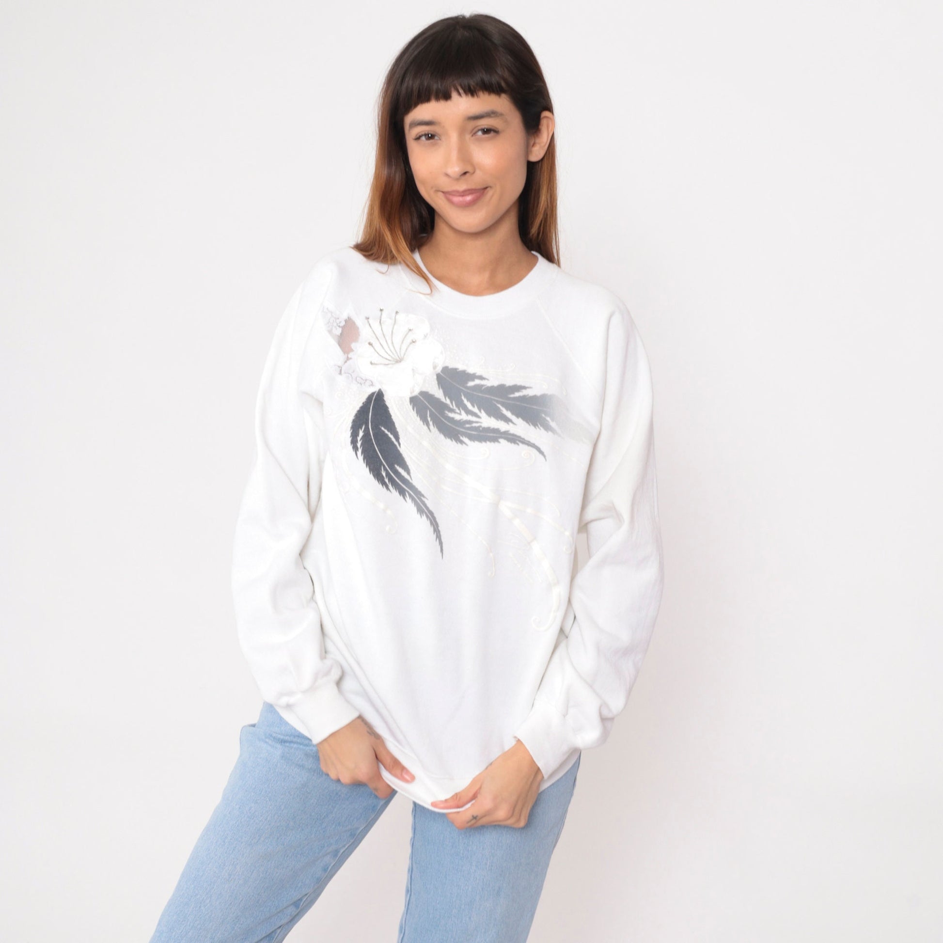 90s Rhinestone Floral White Sweatshirt Mesh Lace Crewneck Raglan Large L