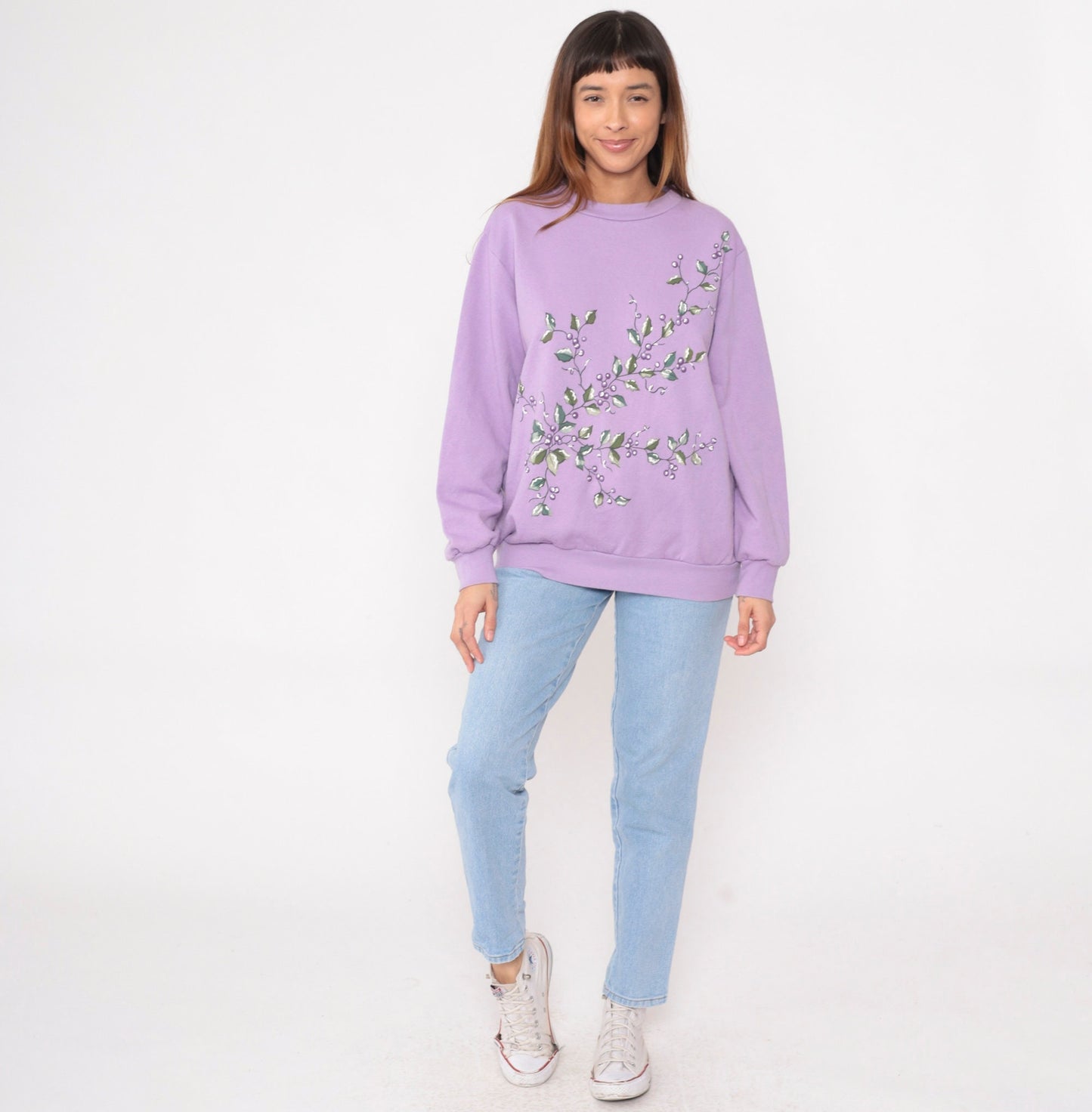 90s Lavender Sweatshirt Botanical Berry Leaf Graphic Crewneck Pullover Large L