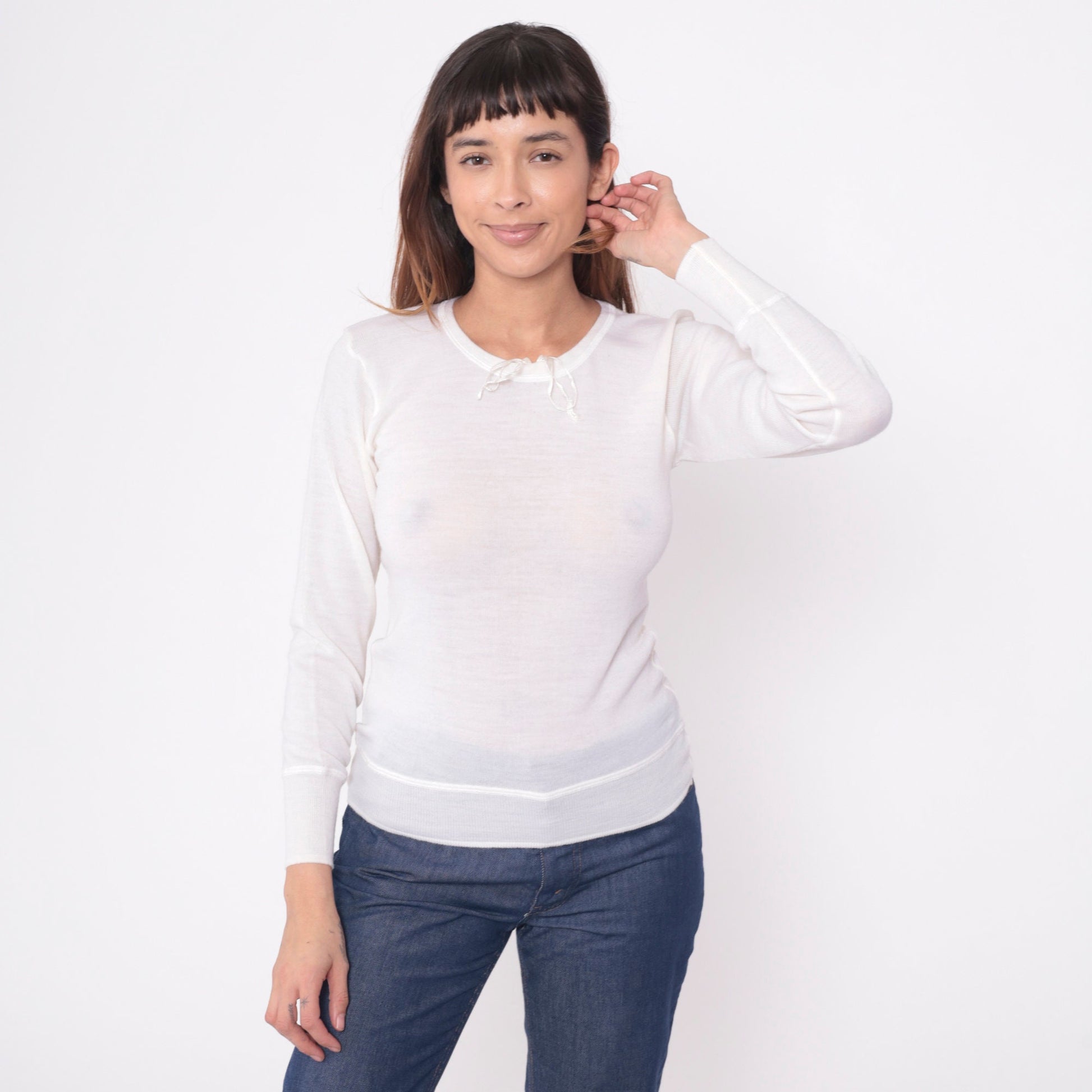 80s White Wool Thermal Long Sleeve Pullover Shirt Snowflake Small