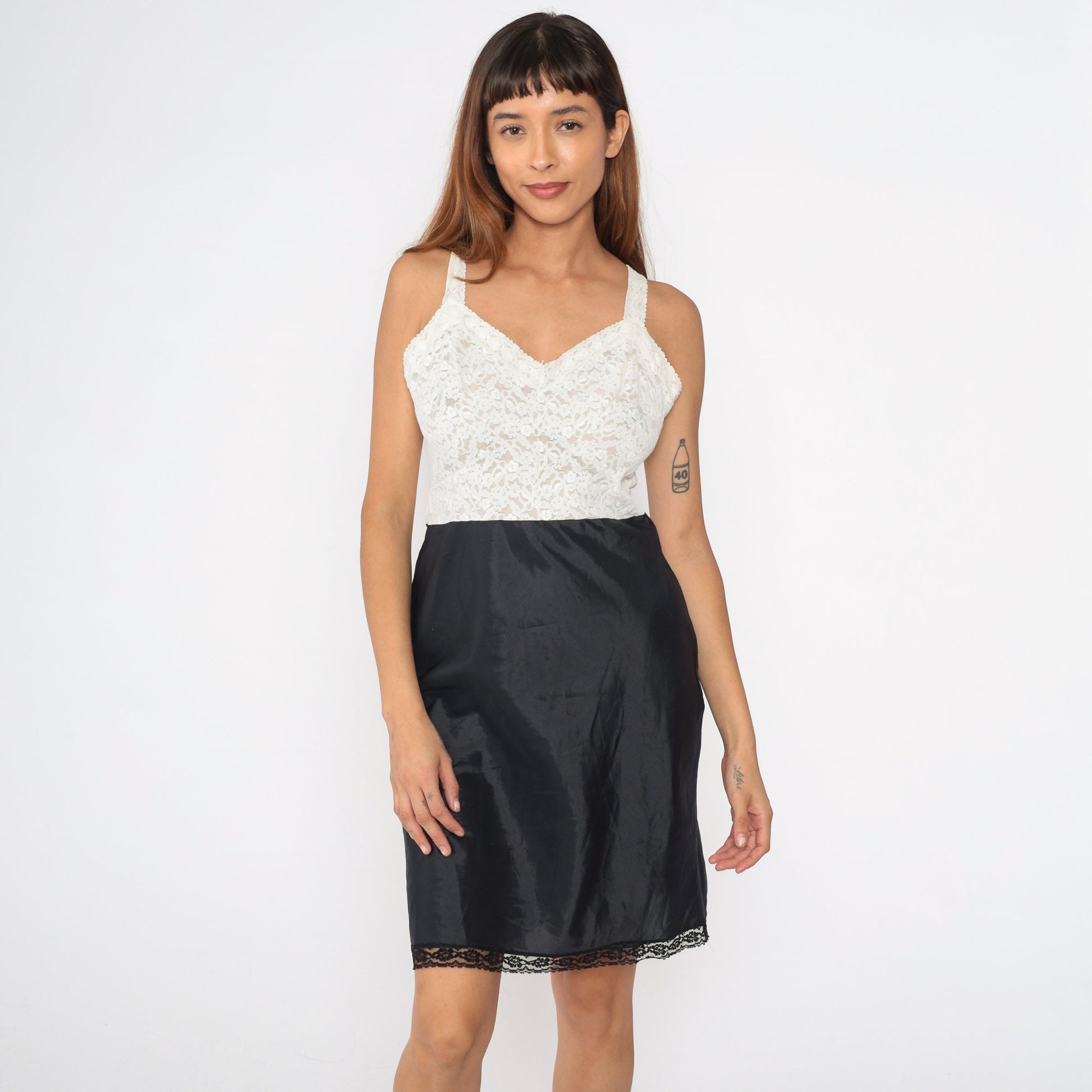 80s Black White Lace Slip Dress Sweetheart Neckline Mini Lingerie Medium