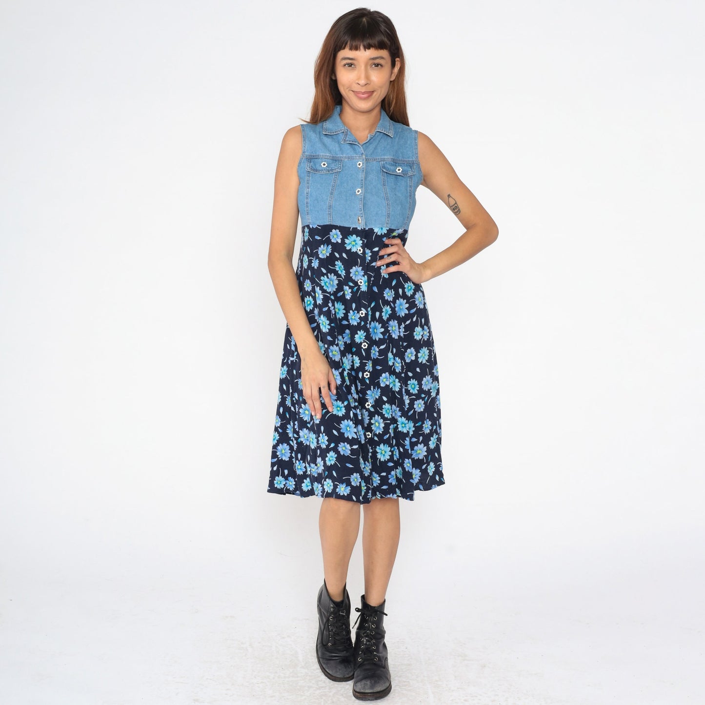 90s Floral Denim Midi Dress Button Up Empire Waist Blue Rayon Extra Small