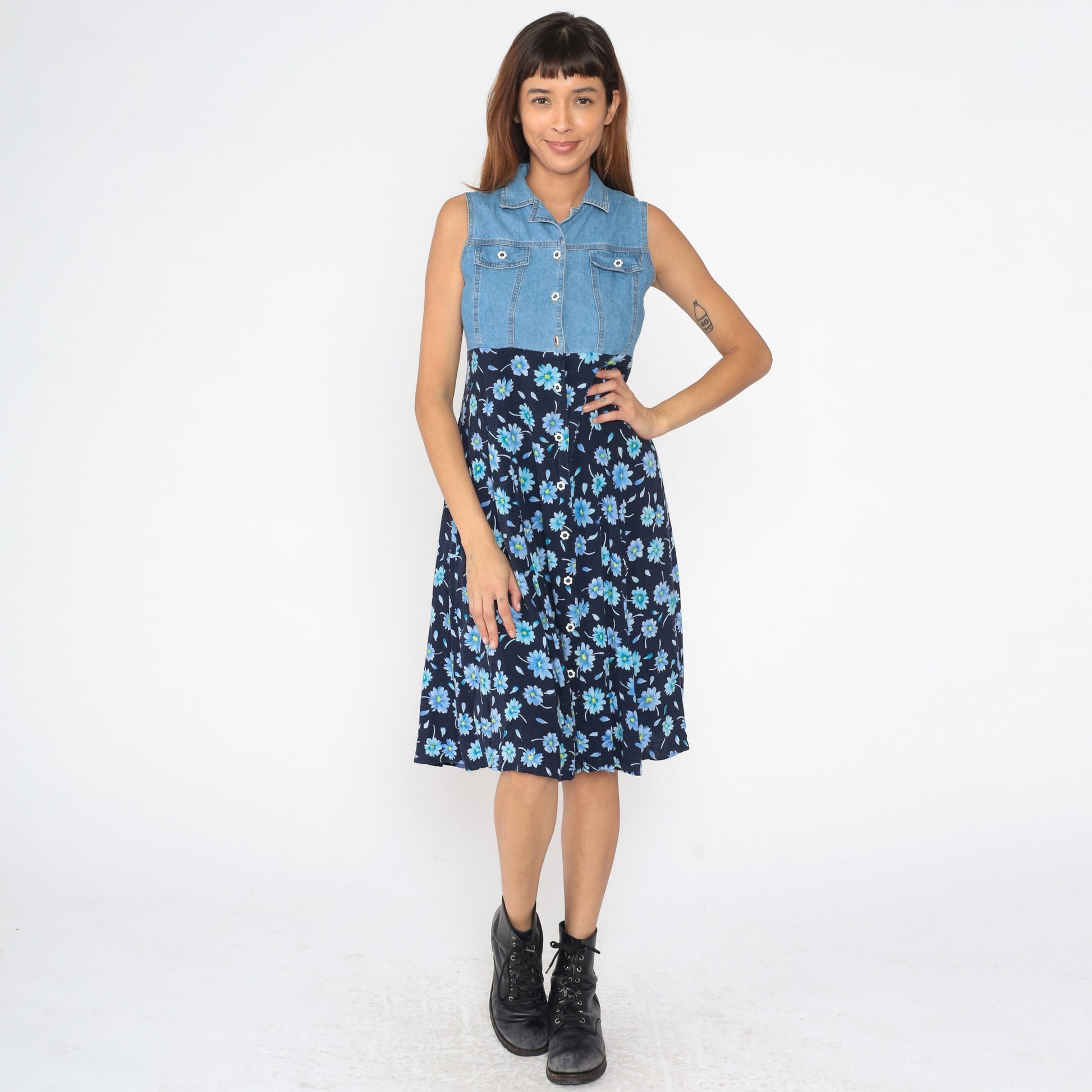 90s Floral Denim Midi Dress Button Up Empire Waist Blue Rayon Extra Small