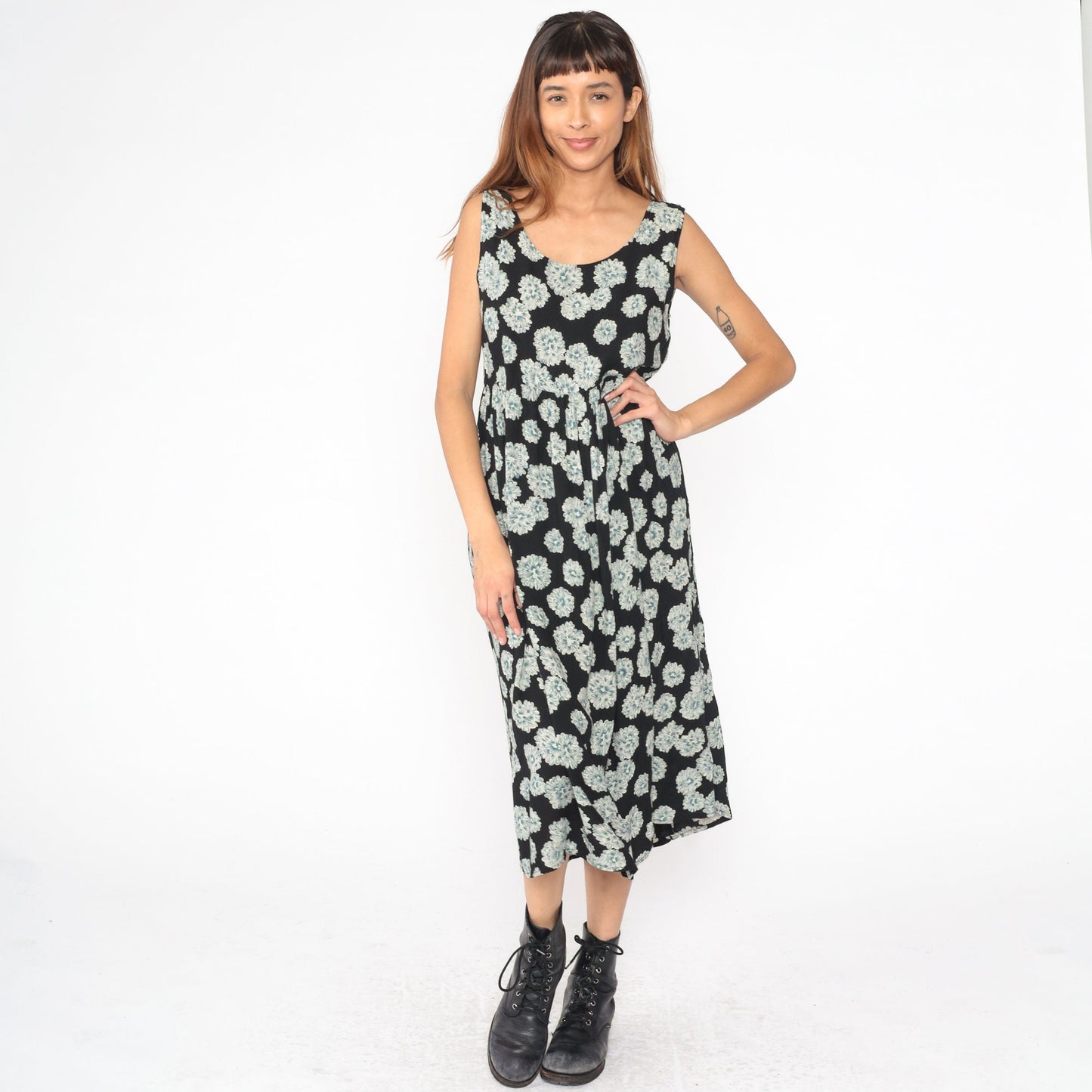 90s Floral Midi Dress Black Rayon High Waist Sleeveless Large L