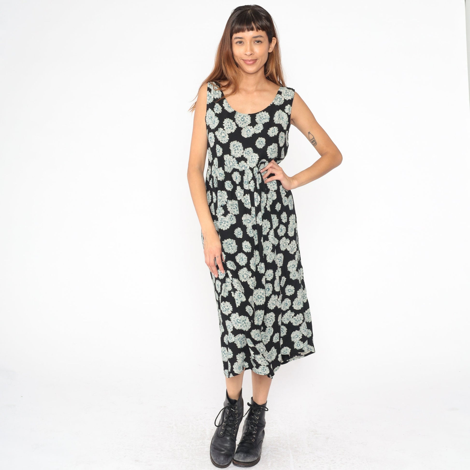 90s Floral Midi Dress Black Rayon High Waist Sleeveless Large L