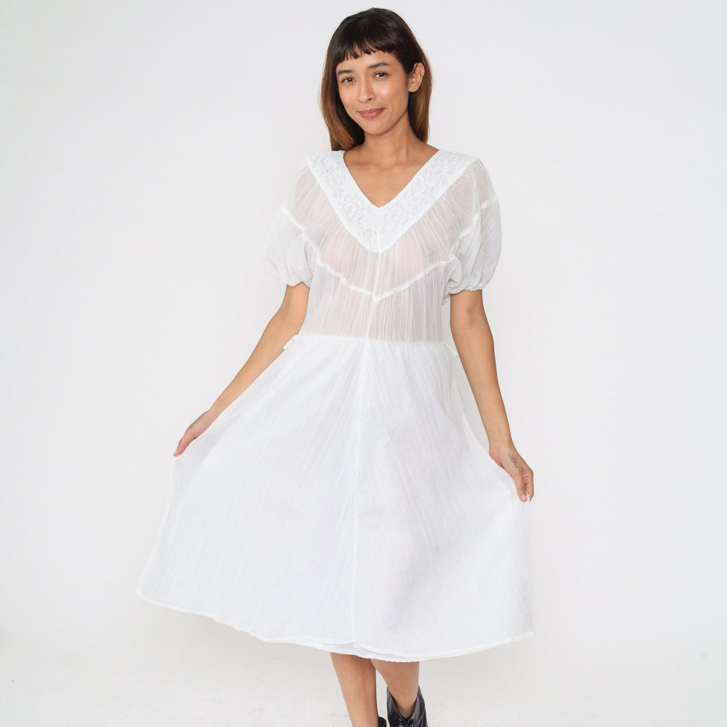 80s White Gauze Midi Dress Puff Sleeve V-Neck Lace Trim High Waist Extra Small