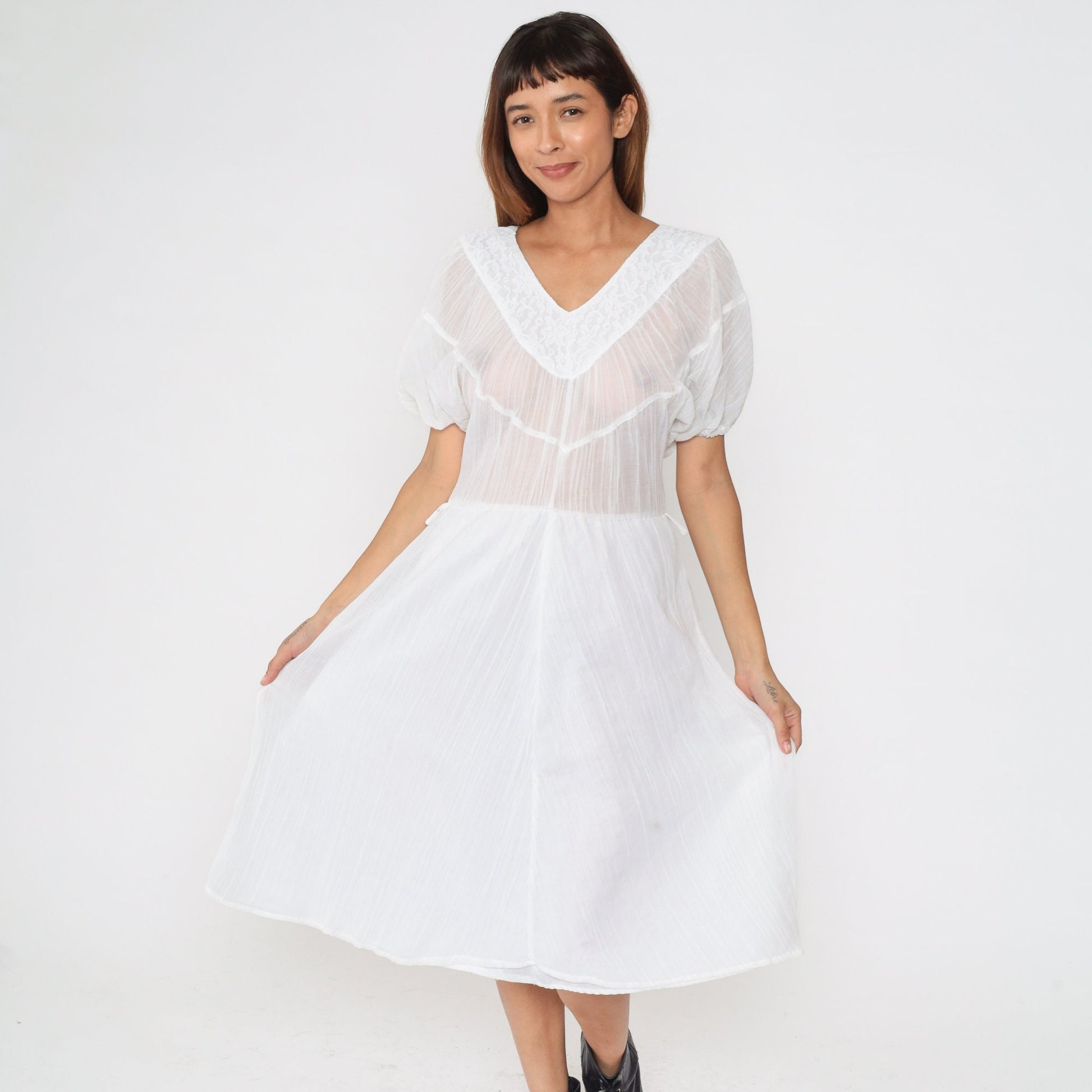 80s White Gauze Midi Dress Puff Sleeve V-Neck Lace Trim High Waist Extra Small