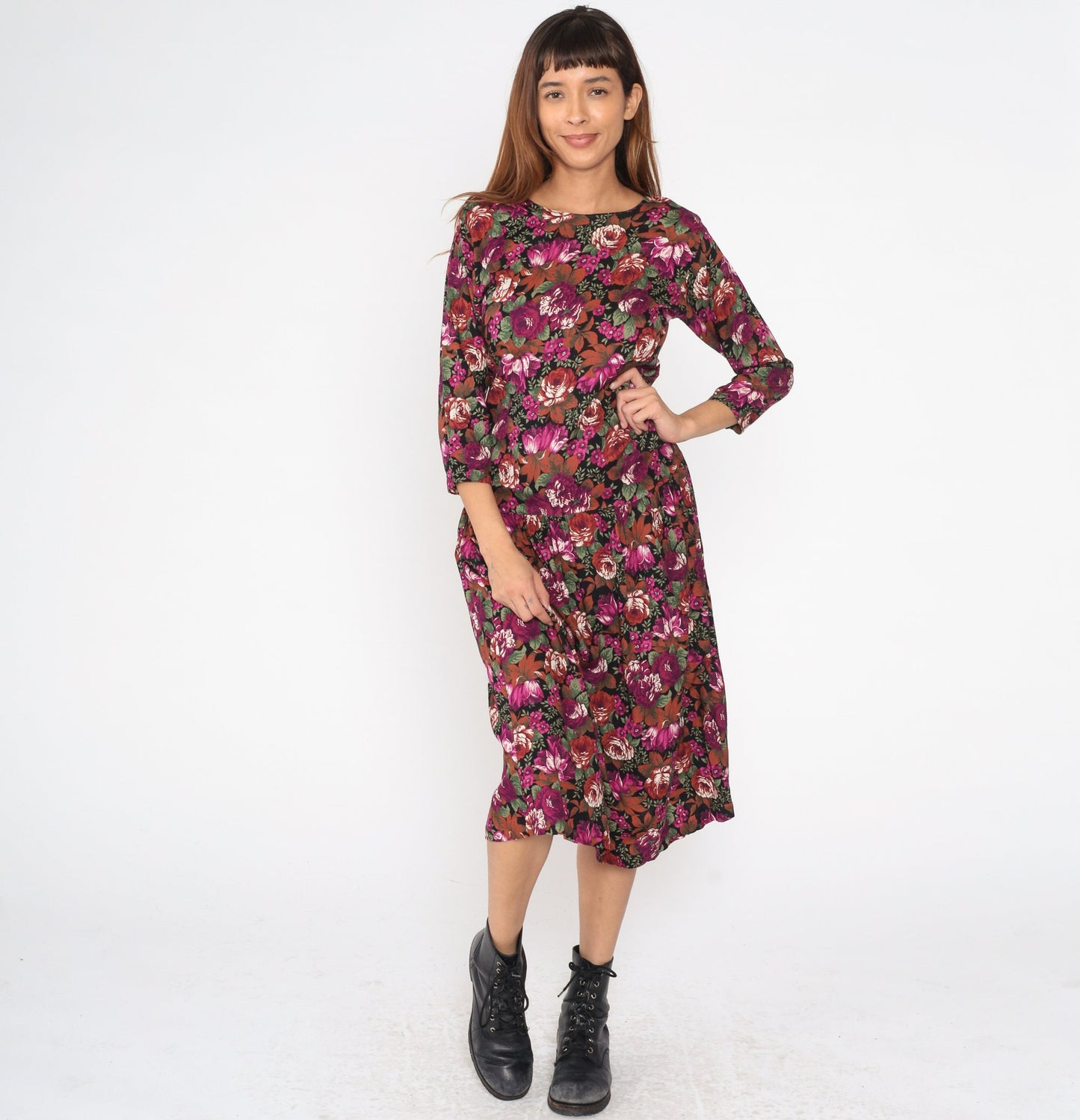 90s Floral Midi Dress Drop Waist Long Sleeve Rayon Fuchsia Multicolor Small