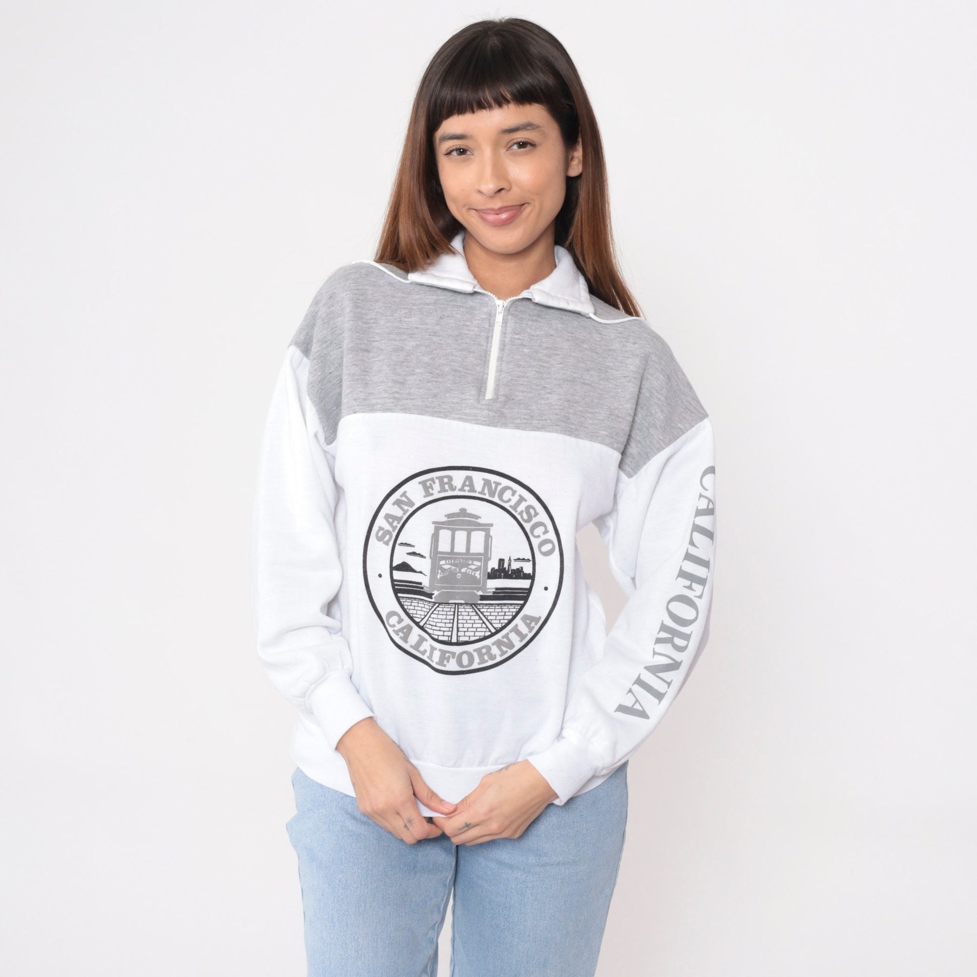 90s San Francisco Trolley Quarter Zip Sweatshirt Grey White Small Medium