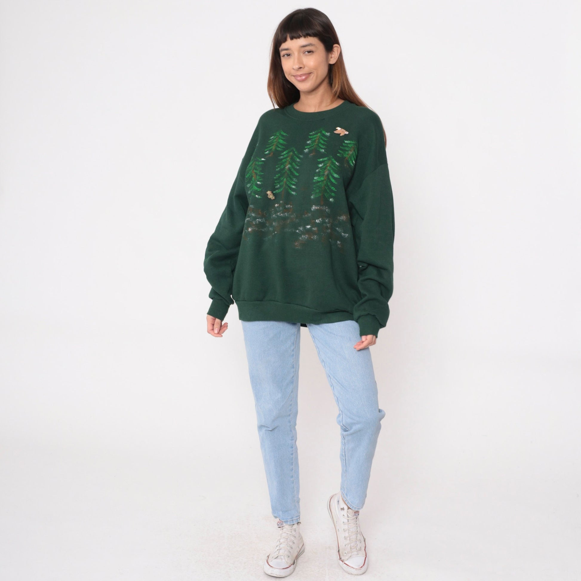 90s Hand Painted Forest Ranger Teddy Bear Eagle Sweatshirt Dark Green Extra Large XXL