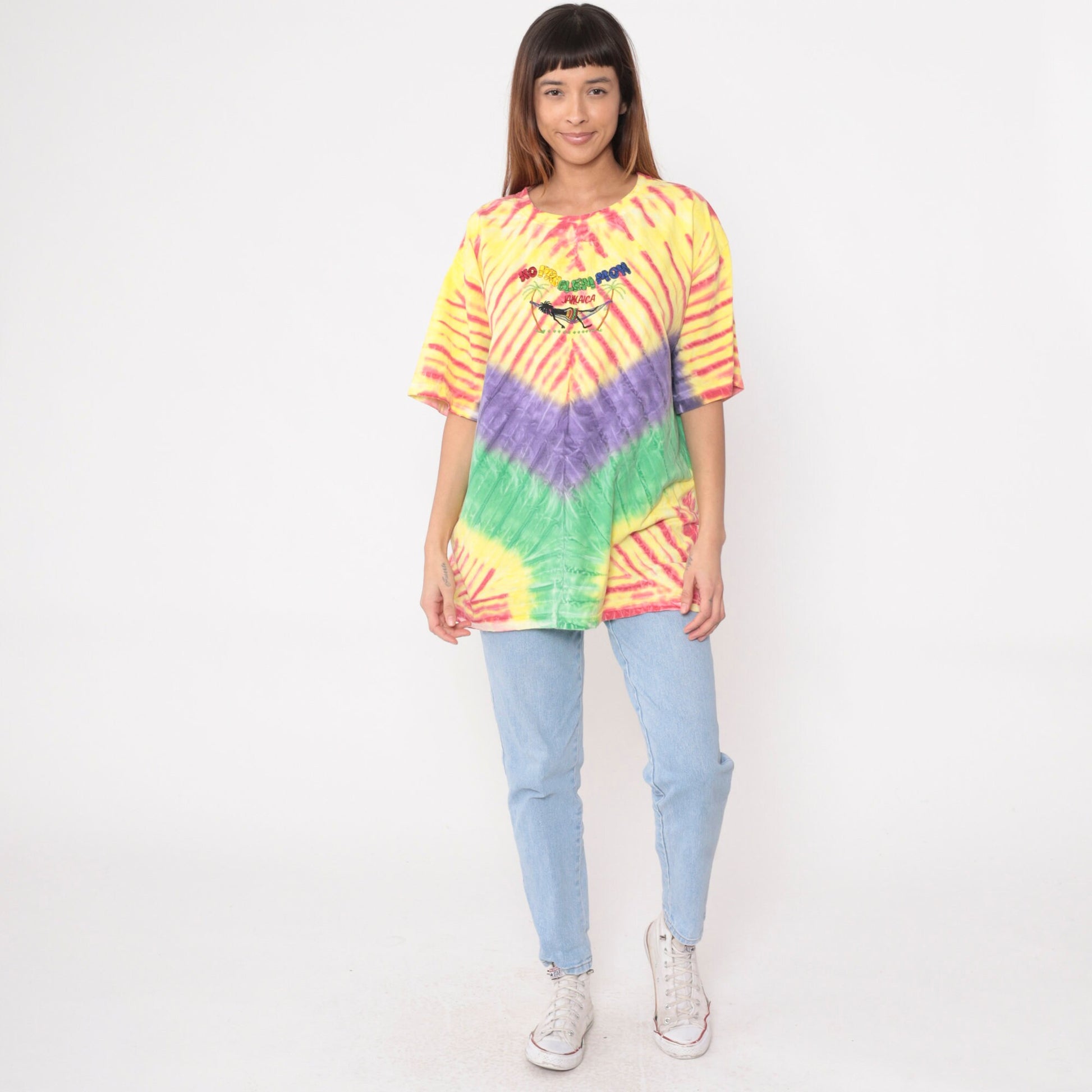 00s Jamaica Tie Dye Graphic T-Shirt No Problem Mon Palm Tree Yellow Red Purple XXL