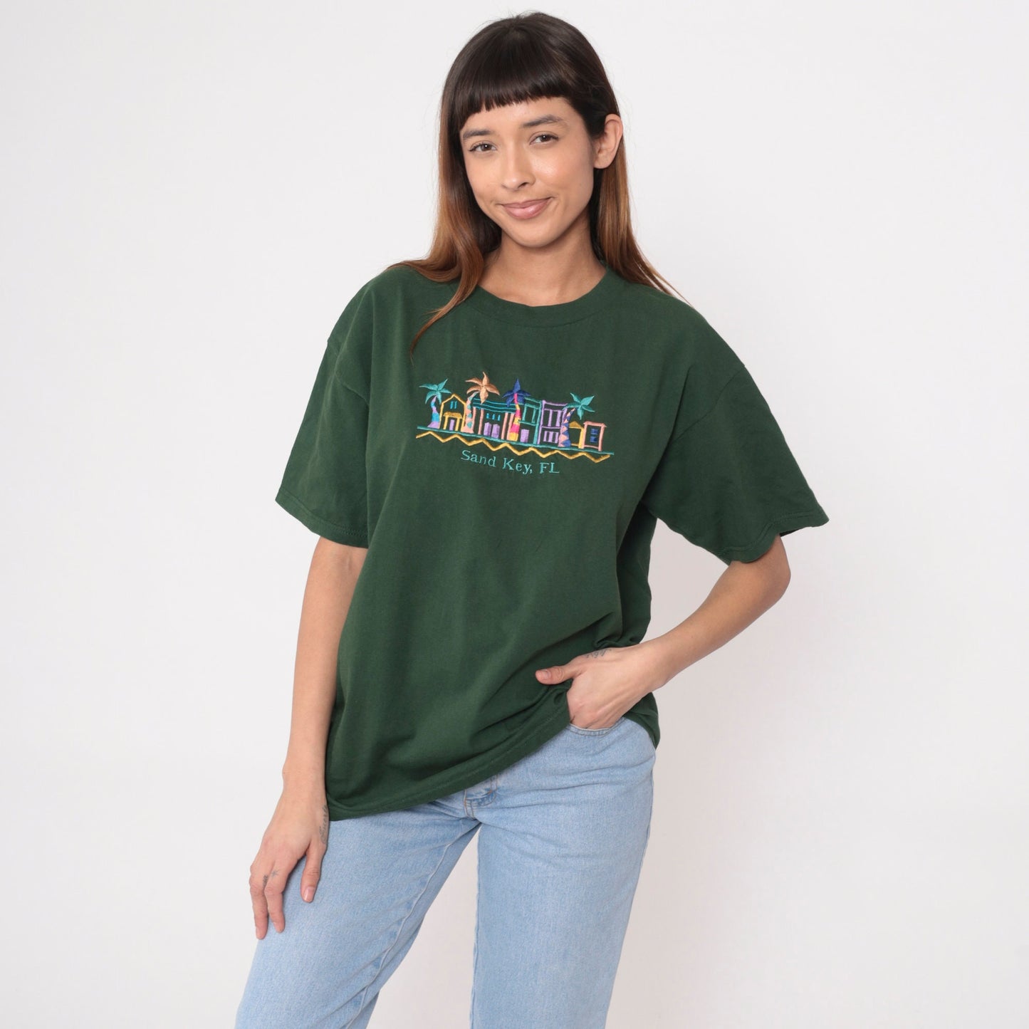 00s Sand Key Florida Clearwater Embroidered Graphic Tee Green Cotton Large
