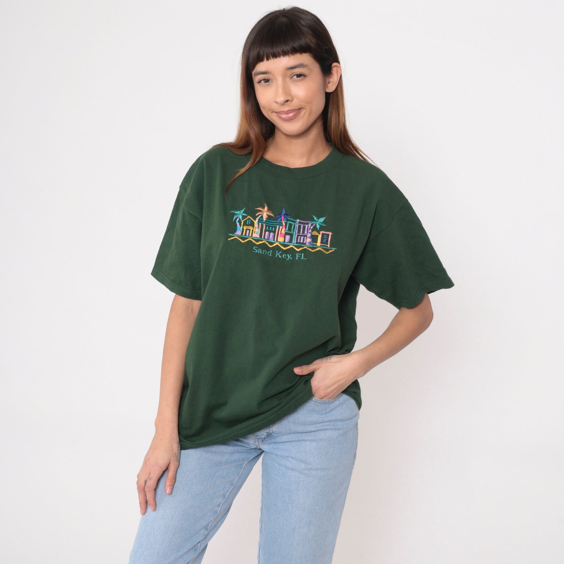 00s Sand Key Florida Clearwater Embroidered Graphic Tee Green Cotton Large