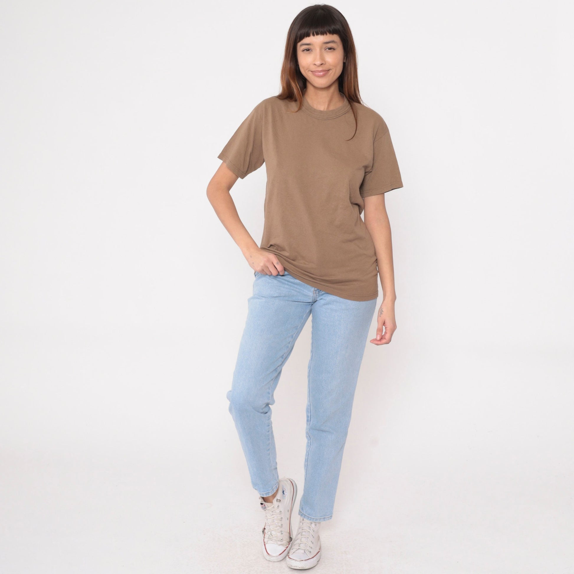 90s Plain Brown Cotton Crewneck T-Shirt Short Sleeve Medium