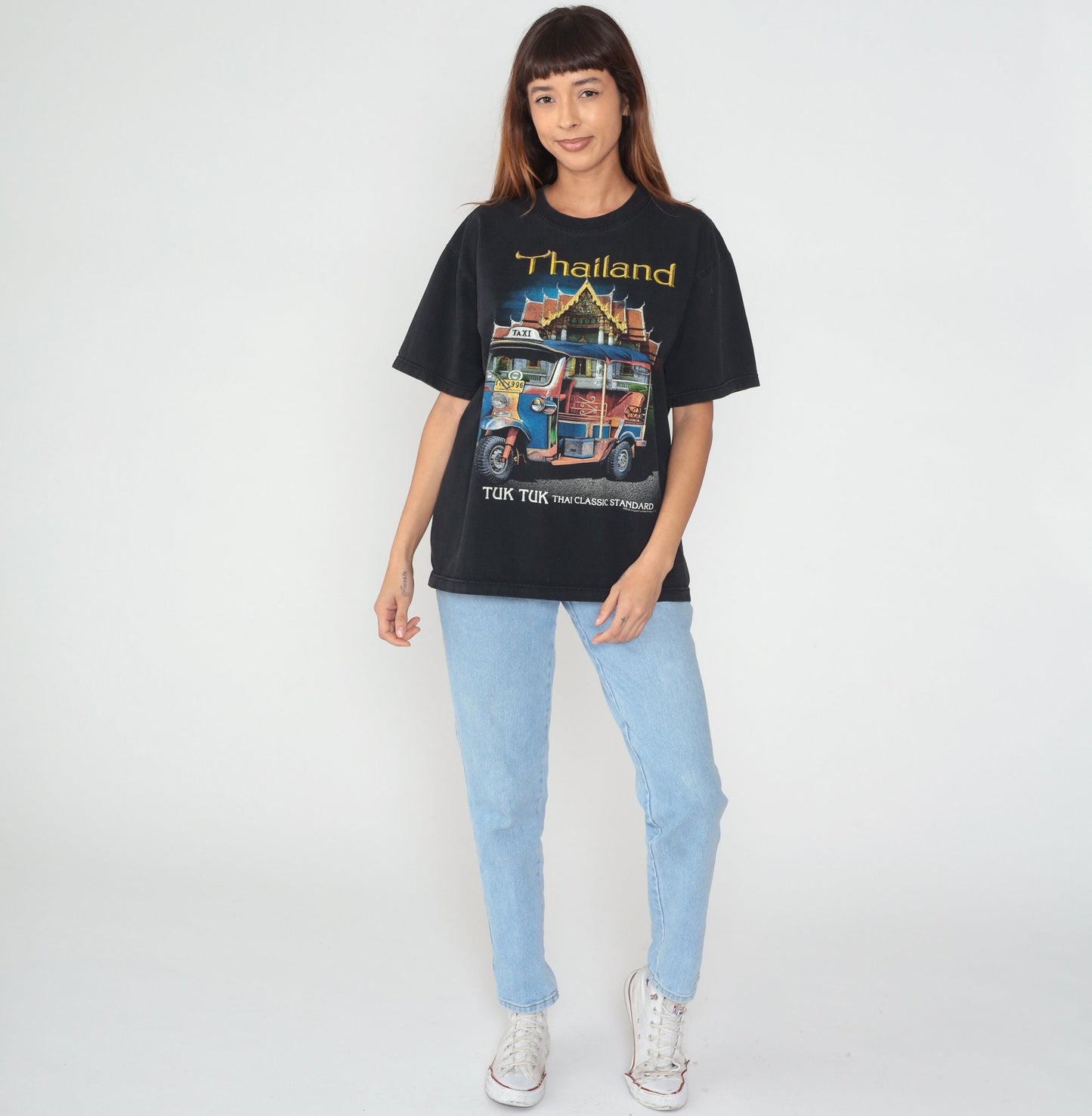 90s Thailand Tuk Tuk Graphic T-Shirt Black Cotton Tourist Souvenir Large L