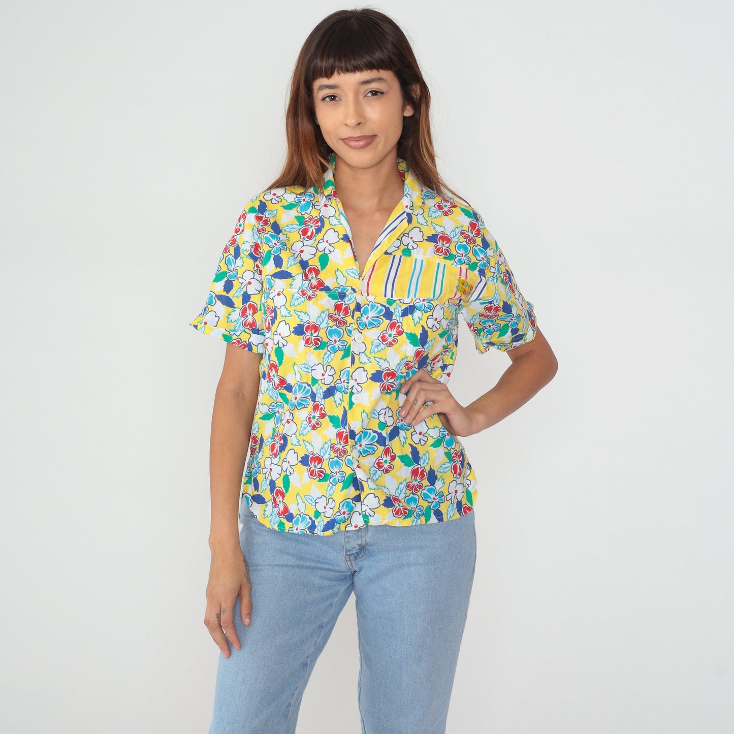 90s Grant Yellow Floral Striped Cotton Button-Up Shirt Large