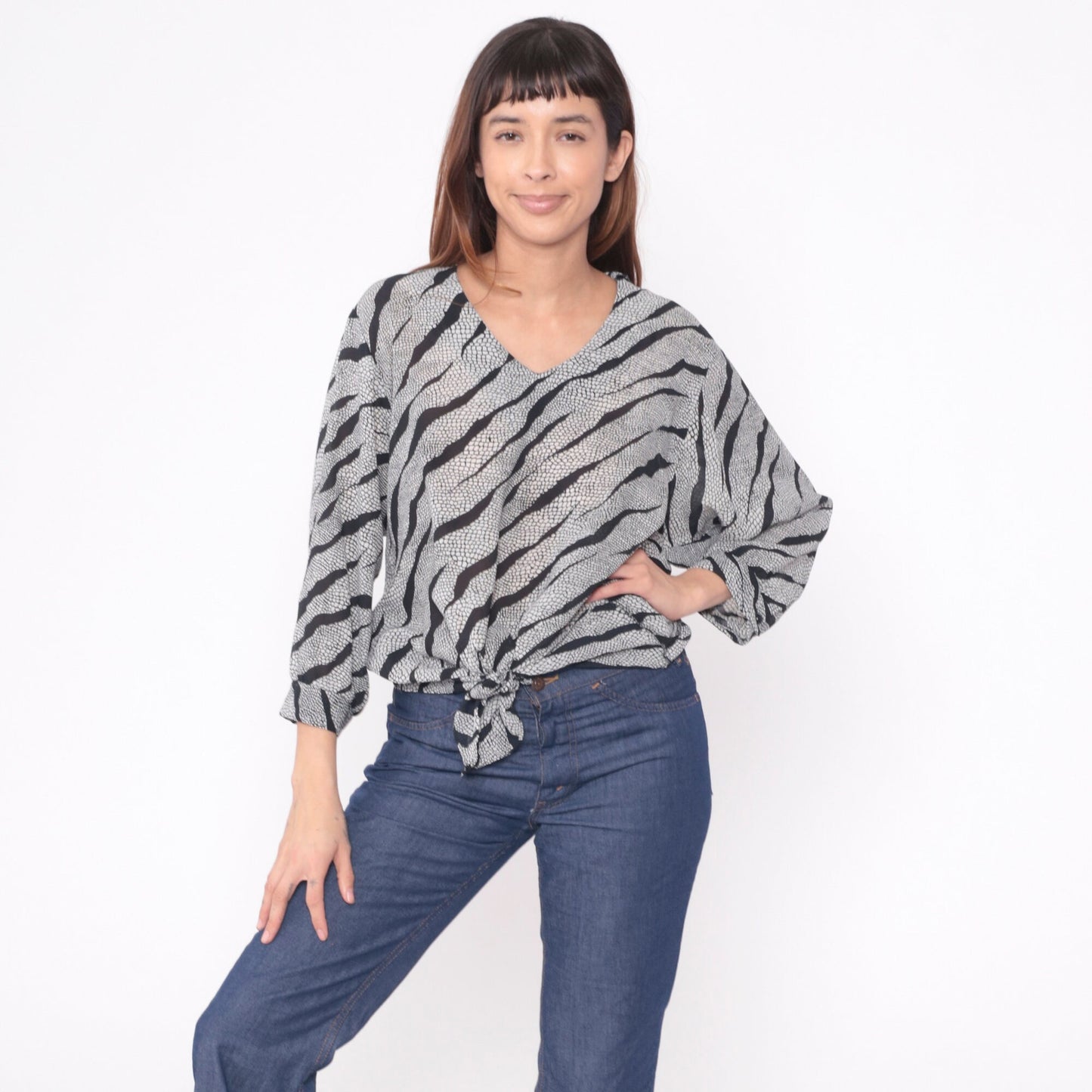 90s Animal Print Blouse Snakeskin Tiger Stripe Tie Waist V Neck Long Sleeve Black White Large L