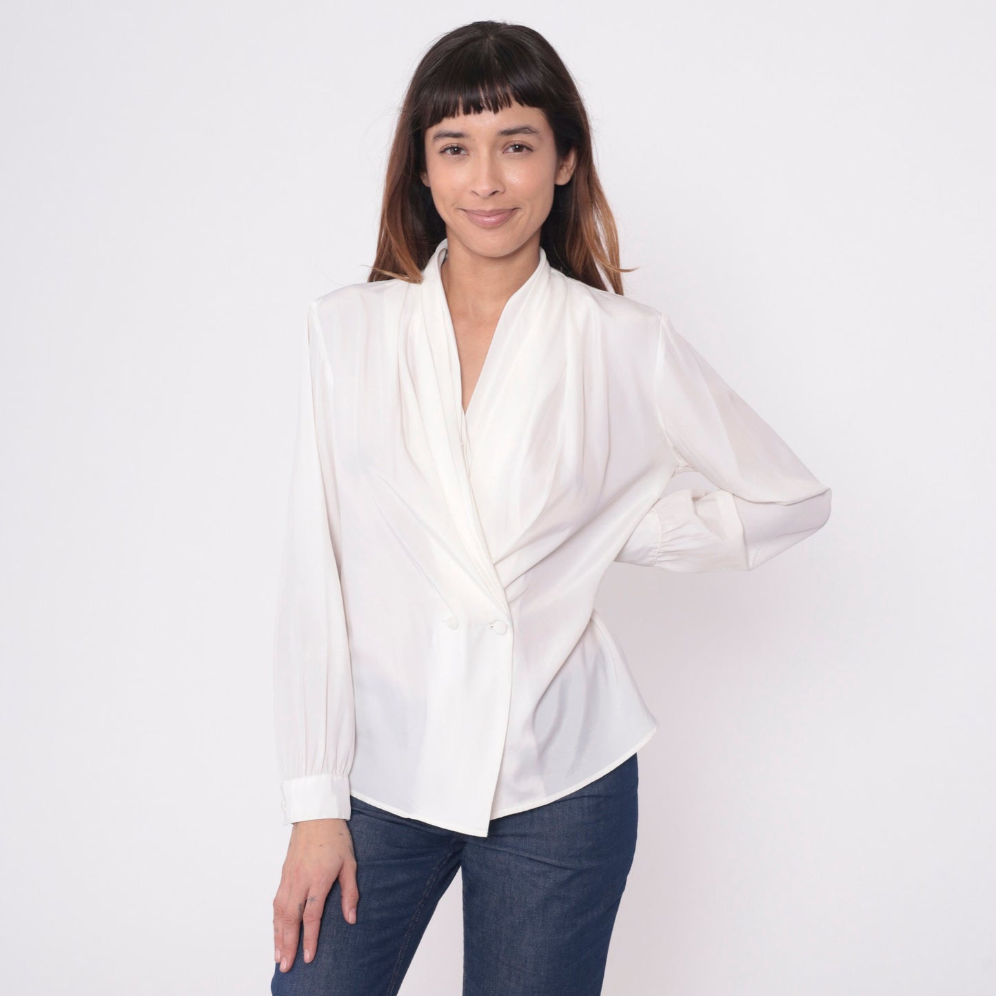 90s White Double Breasted Button Up Blouse V Neck Long Sleeve Small