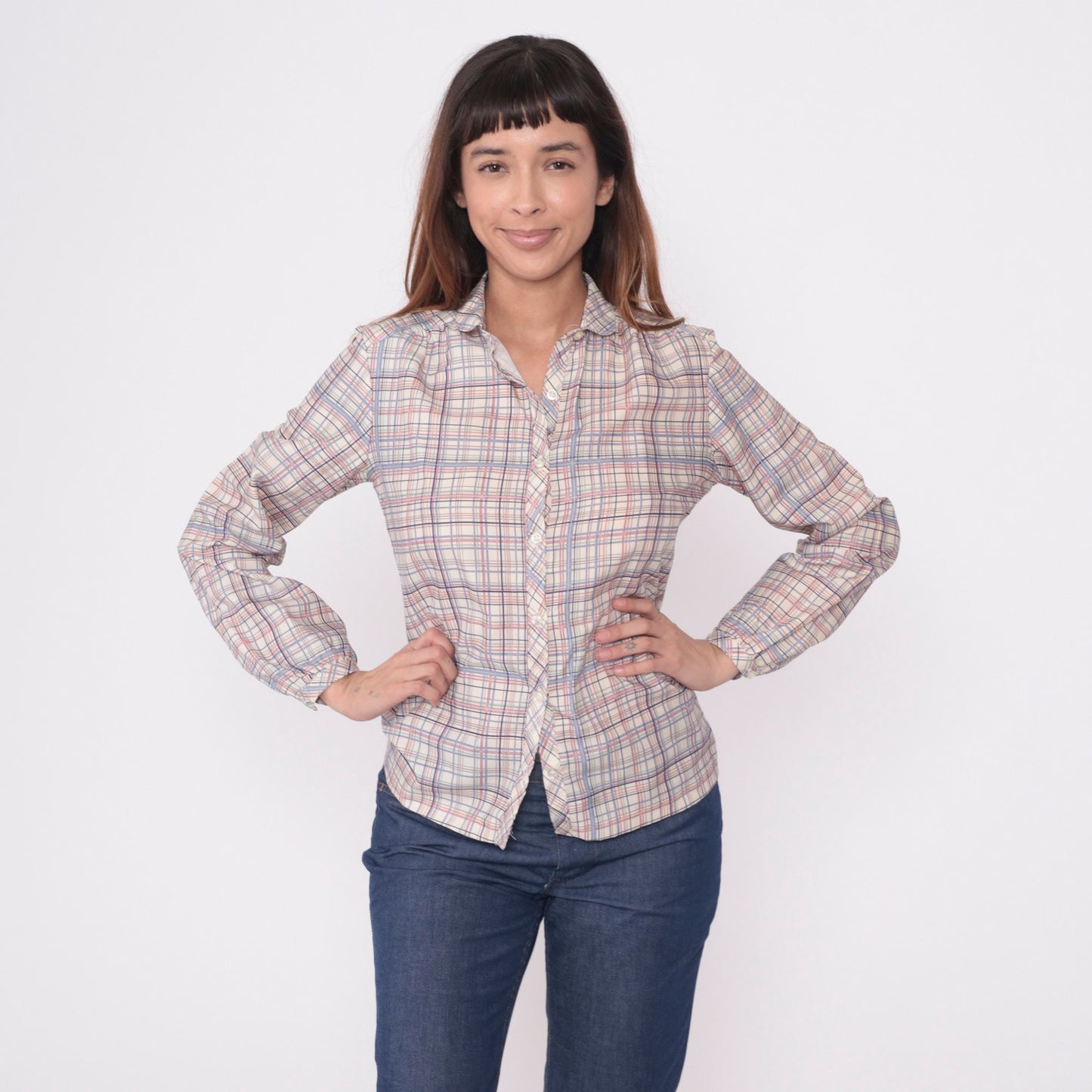 80s Plaid Button-Up Blouse Cream Lavender Pink Checkered Long Sleeve Small