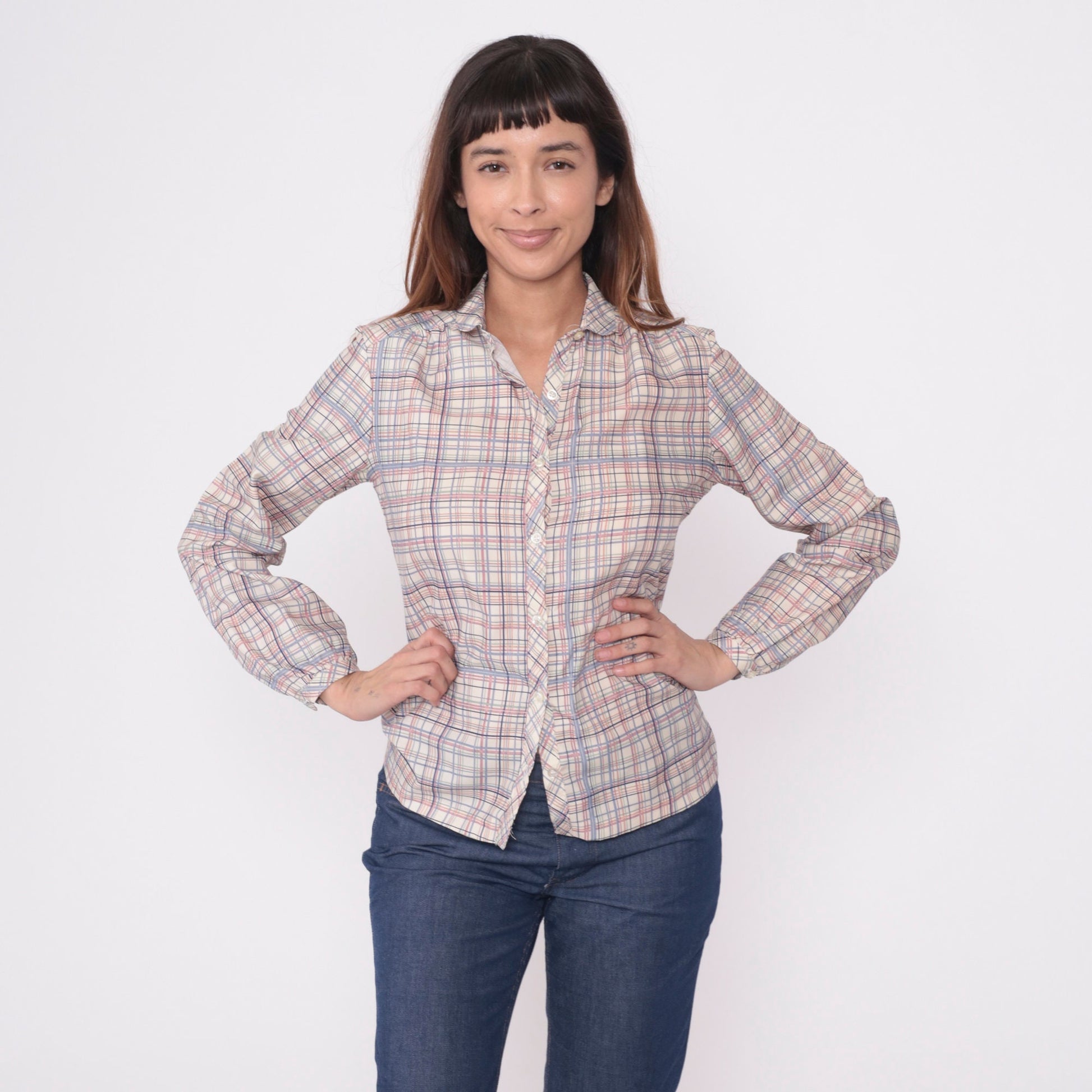 80s Plaid Button-Up Blouse Cream Lavender Pink Checkered Long Sleeve Small
