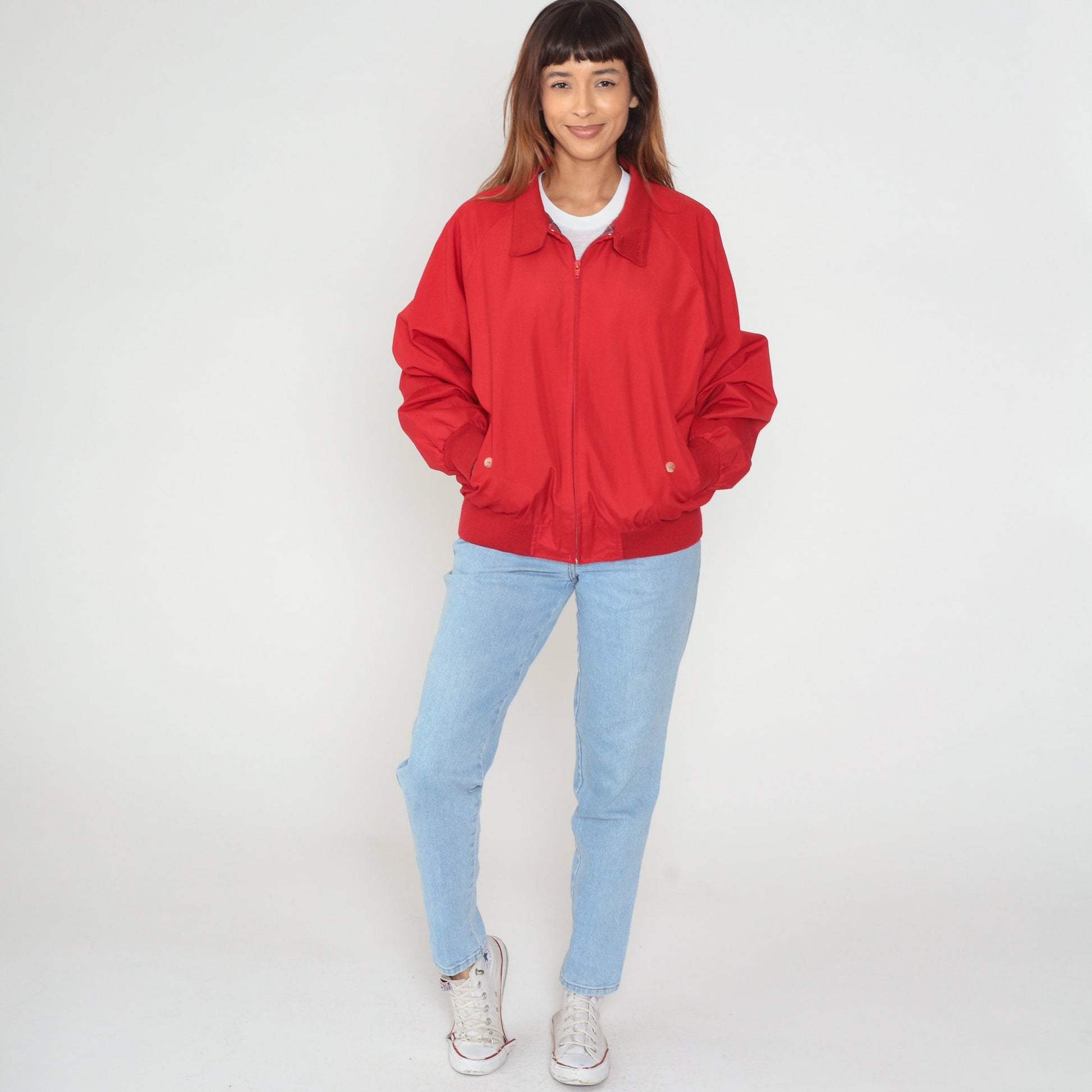 90s Land's End Red Windbreaker Jacket Plaid Lined Zip Up Large