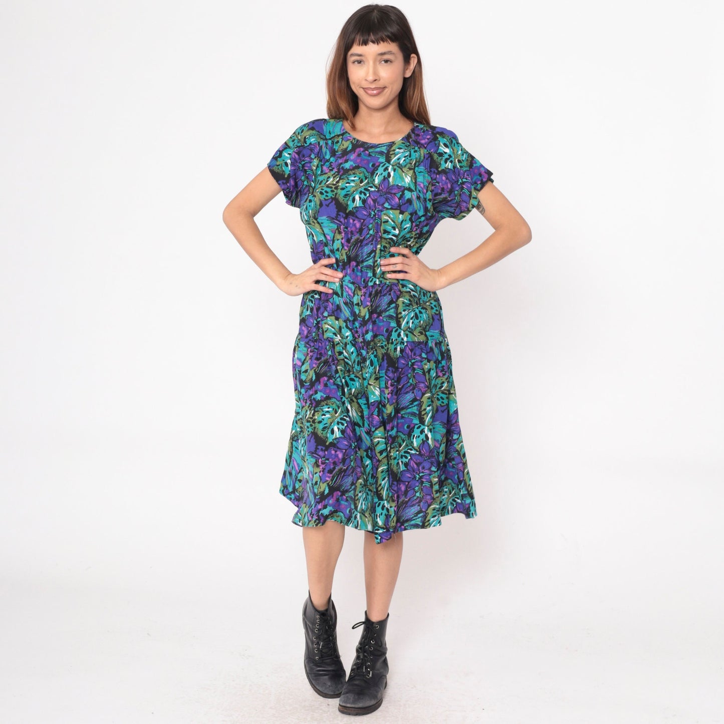 90s Tropical Floral Midi Dress Purple Teal Short Sleeve High Waist Large 12