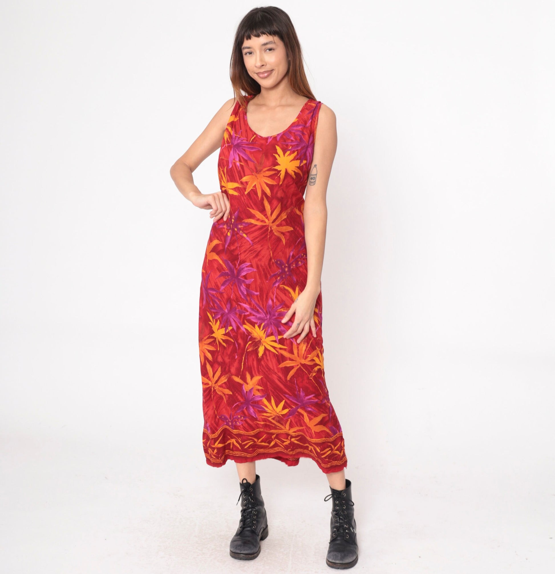 90s Red Tropical Leaf Print Maxi Dress Sleeveless Scoop Neck Medium M