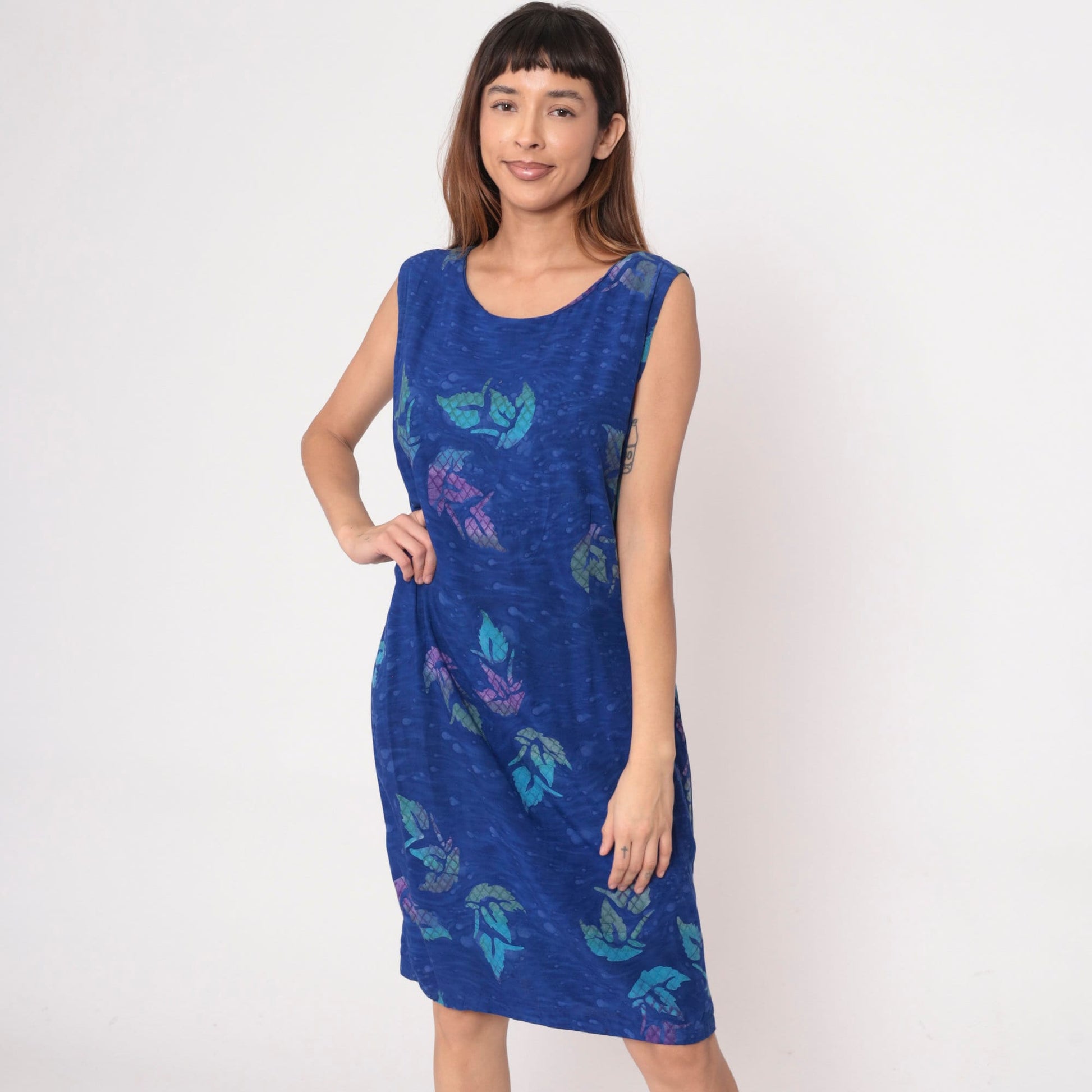 Y2K Blue Tropical Leaf Print Midi Shift Dress Sleeveless Extra Large XXL
