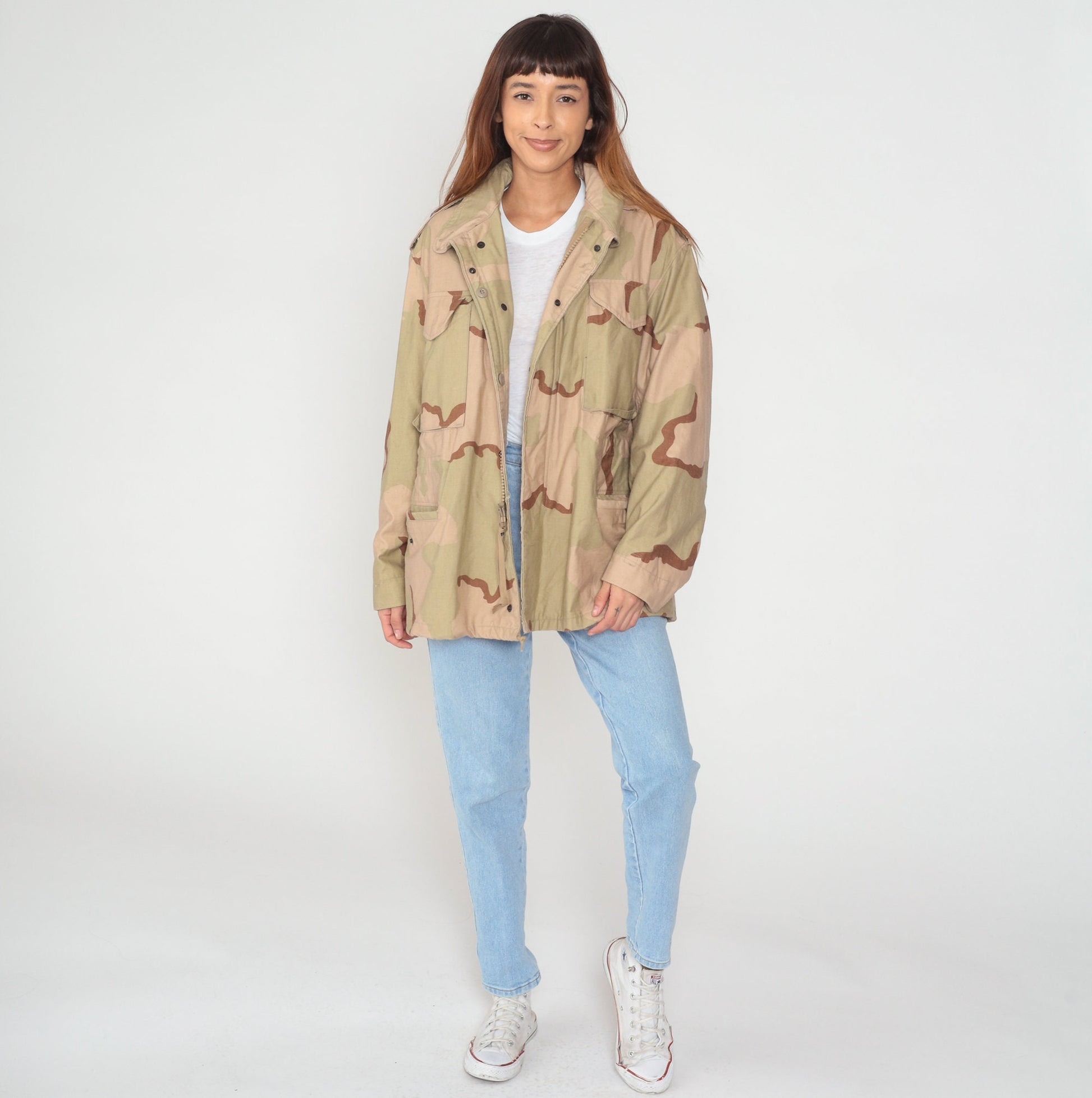90s Camouflage Hooded Jacket Cargo Pockets Zip Snap Green Medium