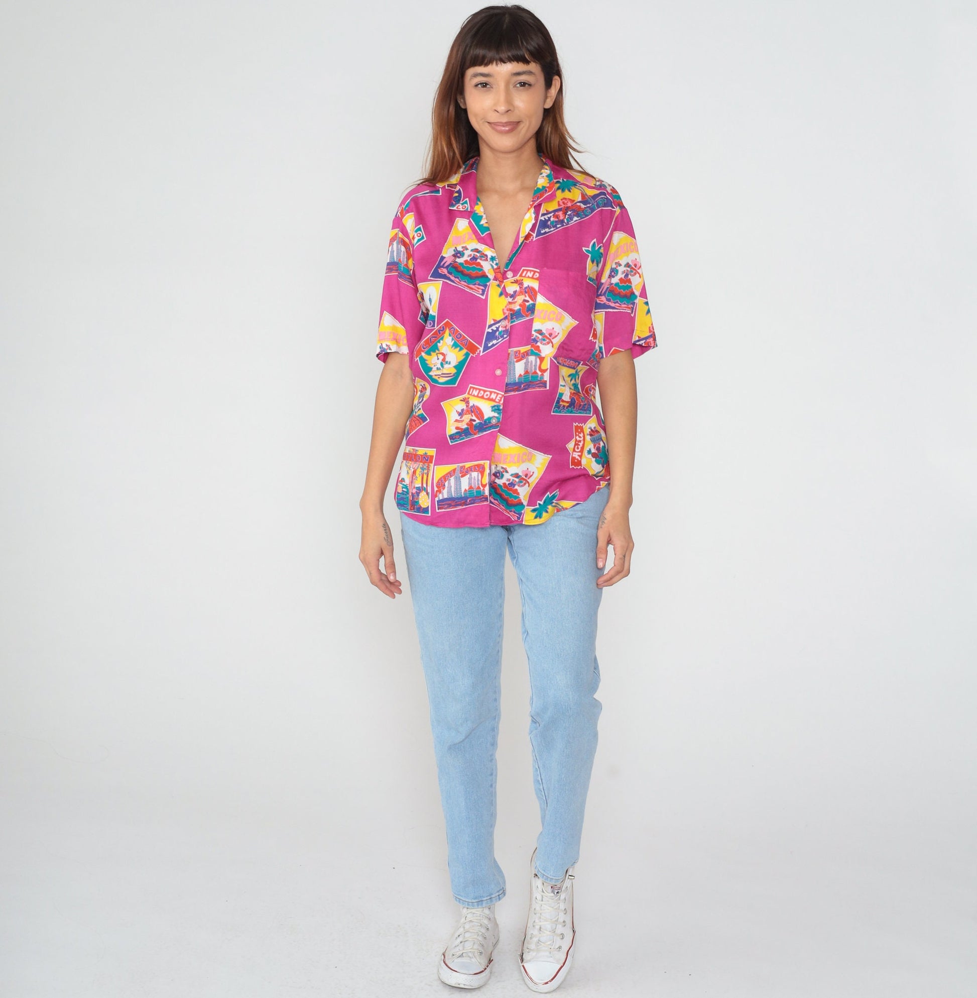 80s Gap Travel Print Button-Up Blouse Pink World Map Short Sleeve Small S