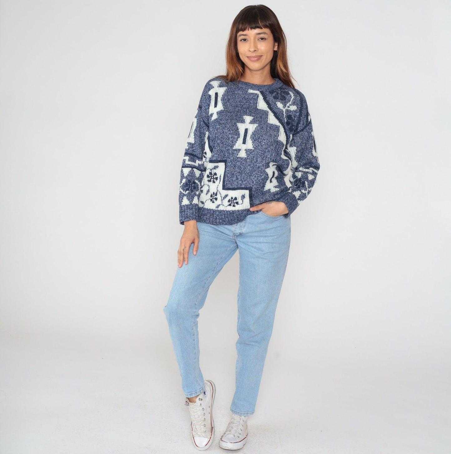 90s Blue Geometric Floral Knit Sweater Crewneck Pullover Small S