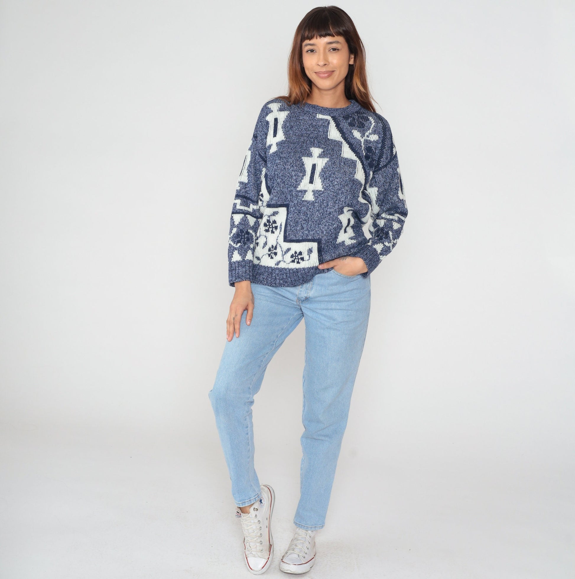 90s Blue Geometric Floral Knit Sweater Crewneck Pullover Small S