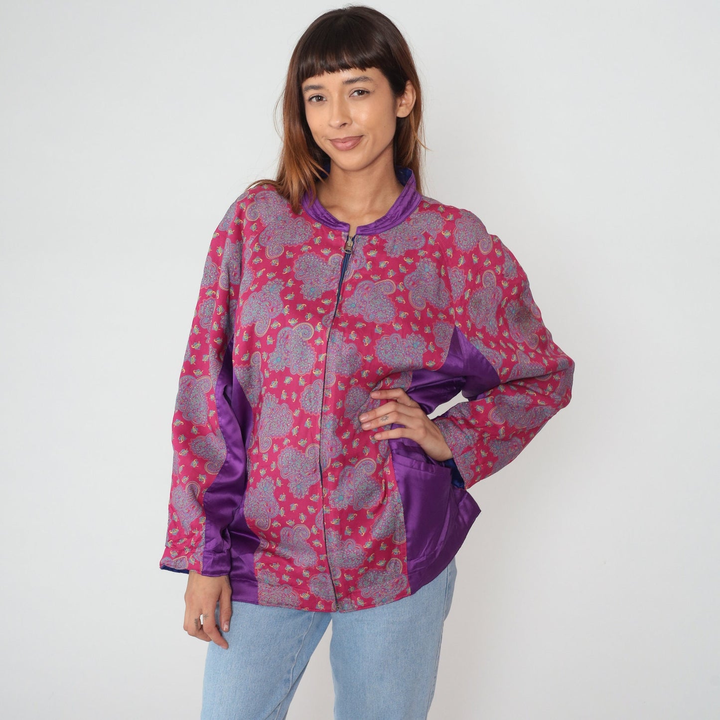 90s Paisley Silk Jacket Pink Purple Color Block Bomber Large L