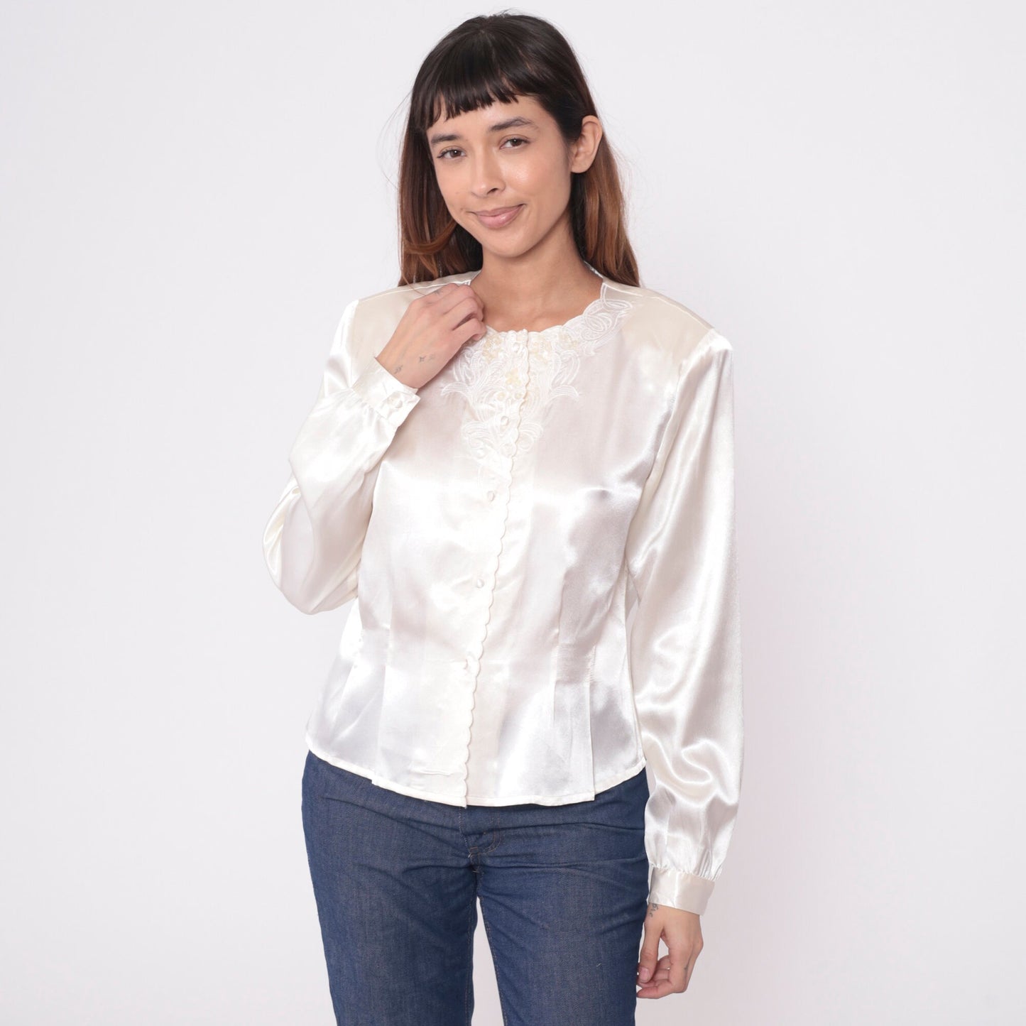 80s White Satin Blouse Embroidered Floral Beaded Sequin Long Sleeve Medium