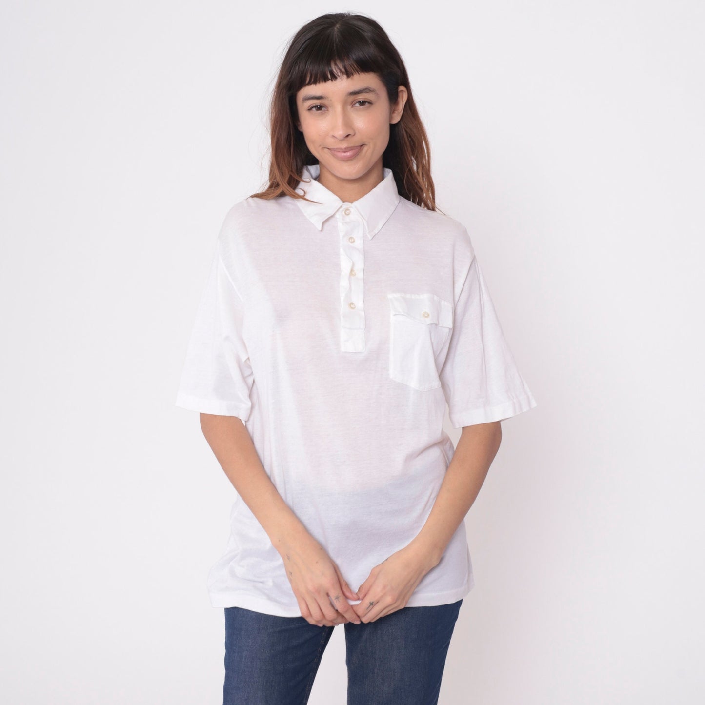 70s 80s Saks Fifth Avenue White Polo Shirt Semi-Sheer Cotton Button-Up Small