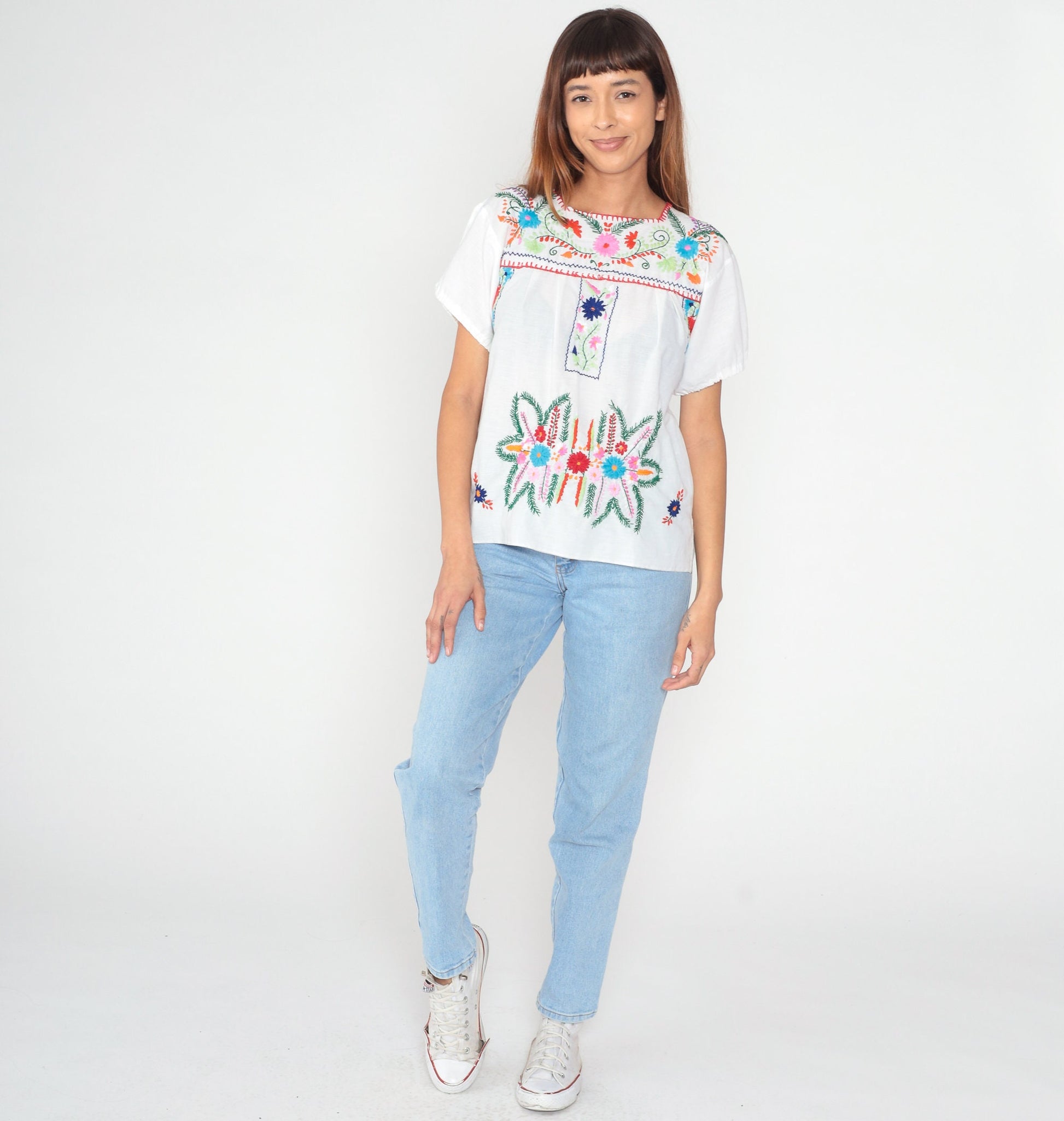 90s Mexican Embroidered White Floral Blouse Short Sleeve Small