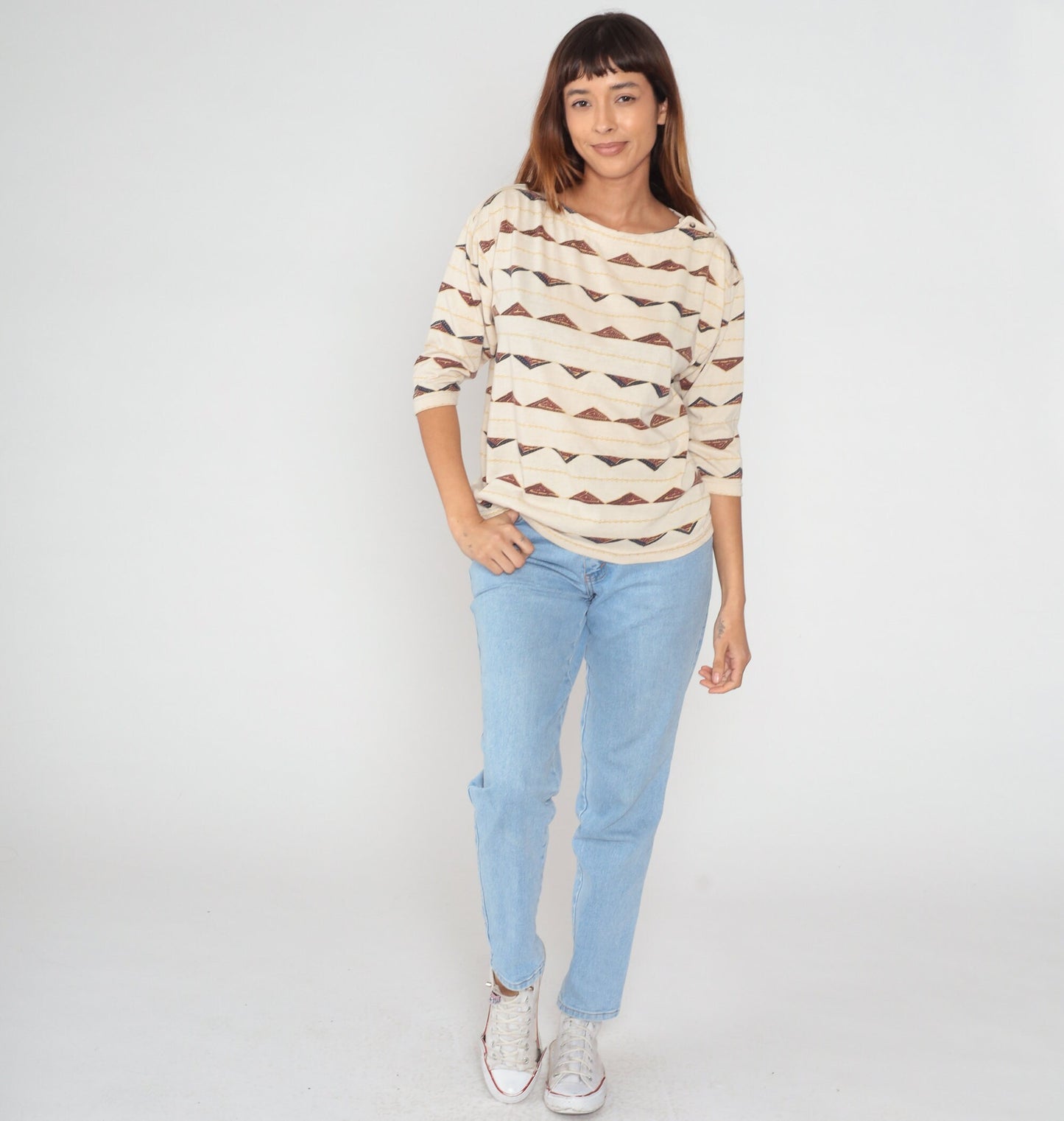90s Outback Red Triangle Print Button Shoulder Blouse Beige Small
