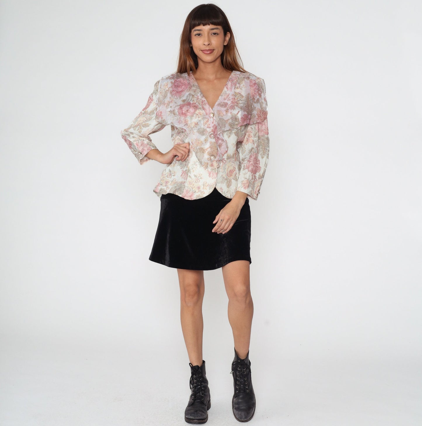 90s Floral Ruffle Blouse White Pink Button Up Long Sleeve Medium