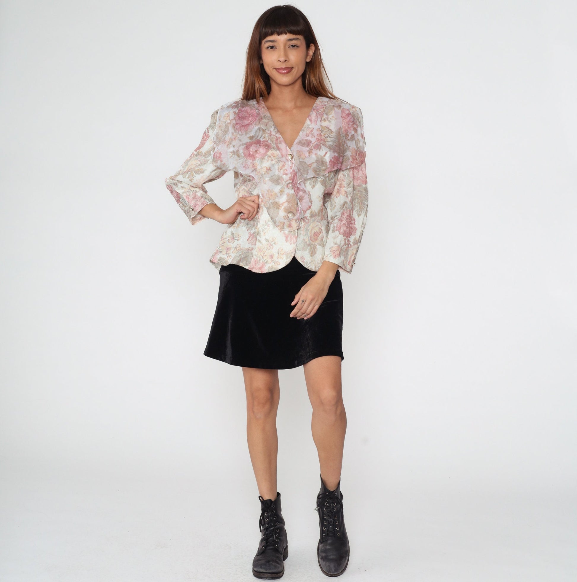 90s Floral Ruffle Blouse White Pink Button Up Long Sleeve Medium