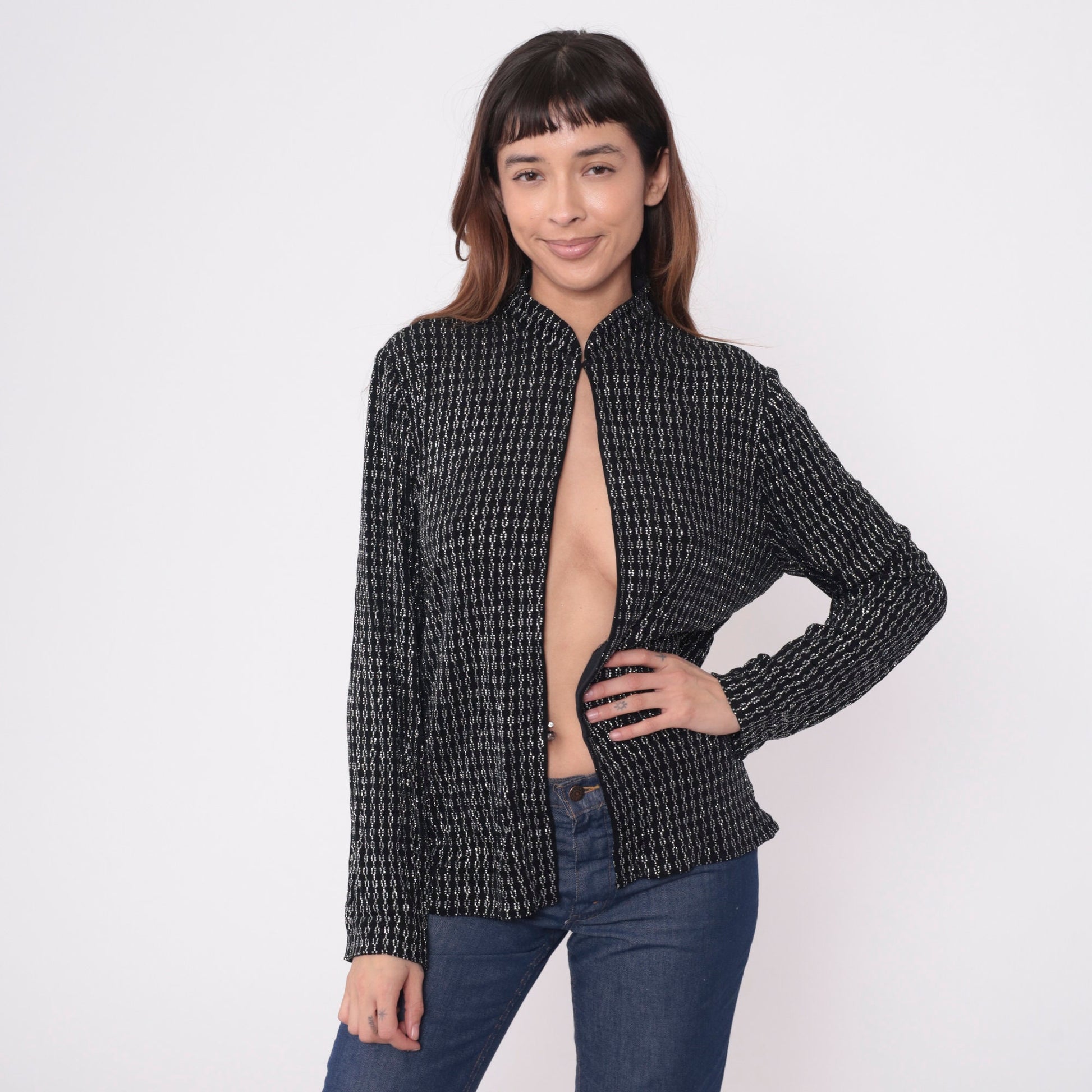 80s Alex Evenings Black Metallic Jacket Silver Chain Mandarin Collar Large 12