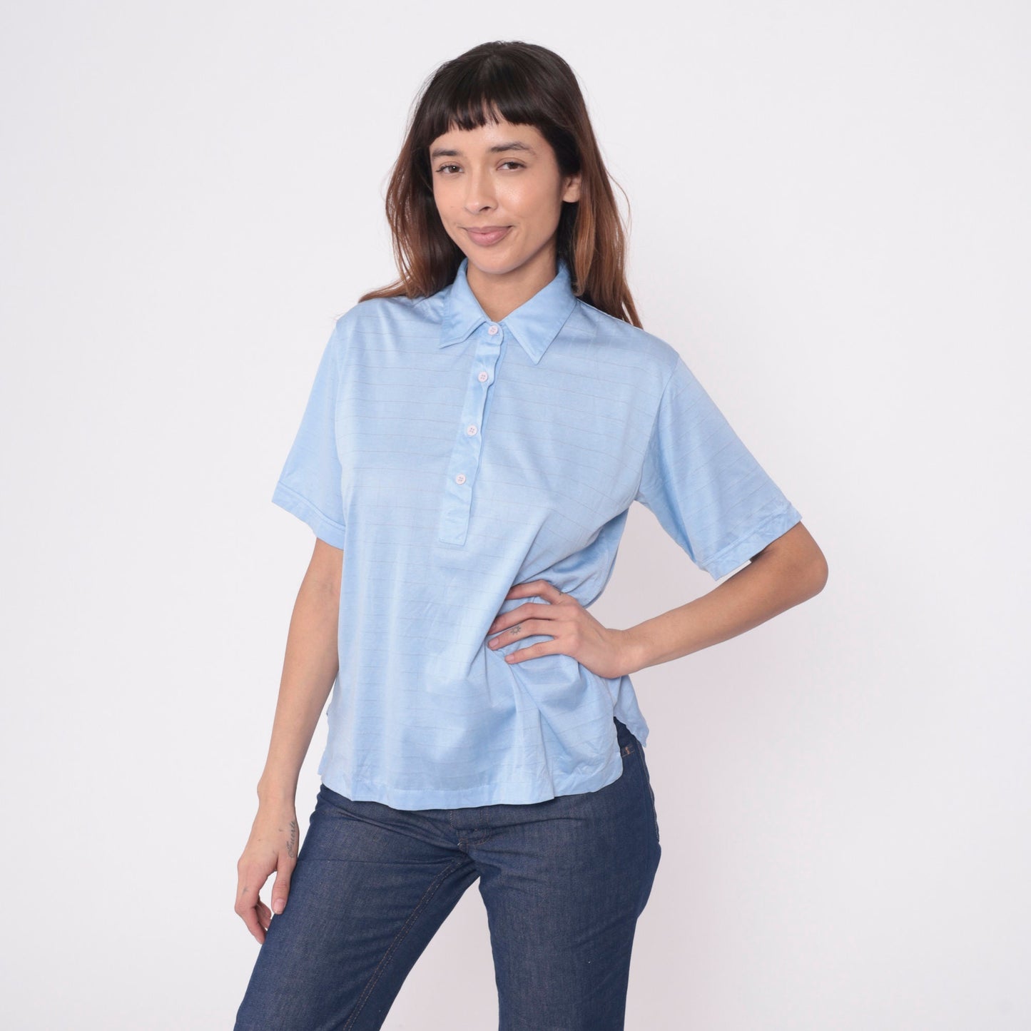 80s Lady Cougar Polo Shirt Baby Blue Grid Print Quarter Button Medium